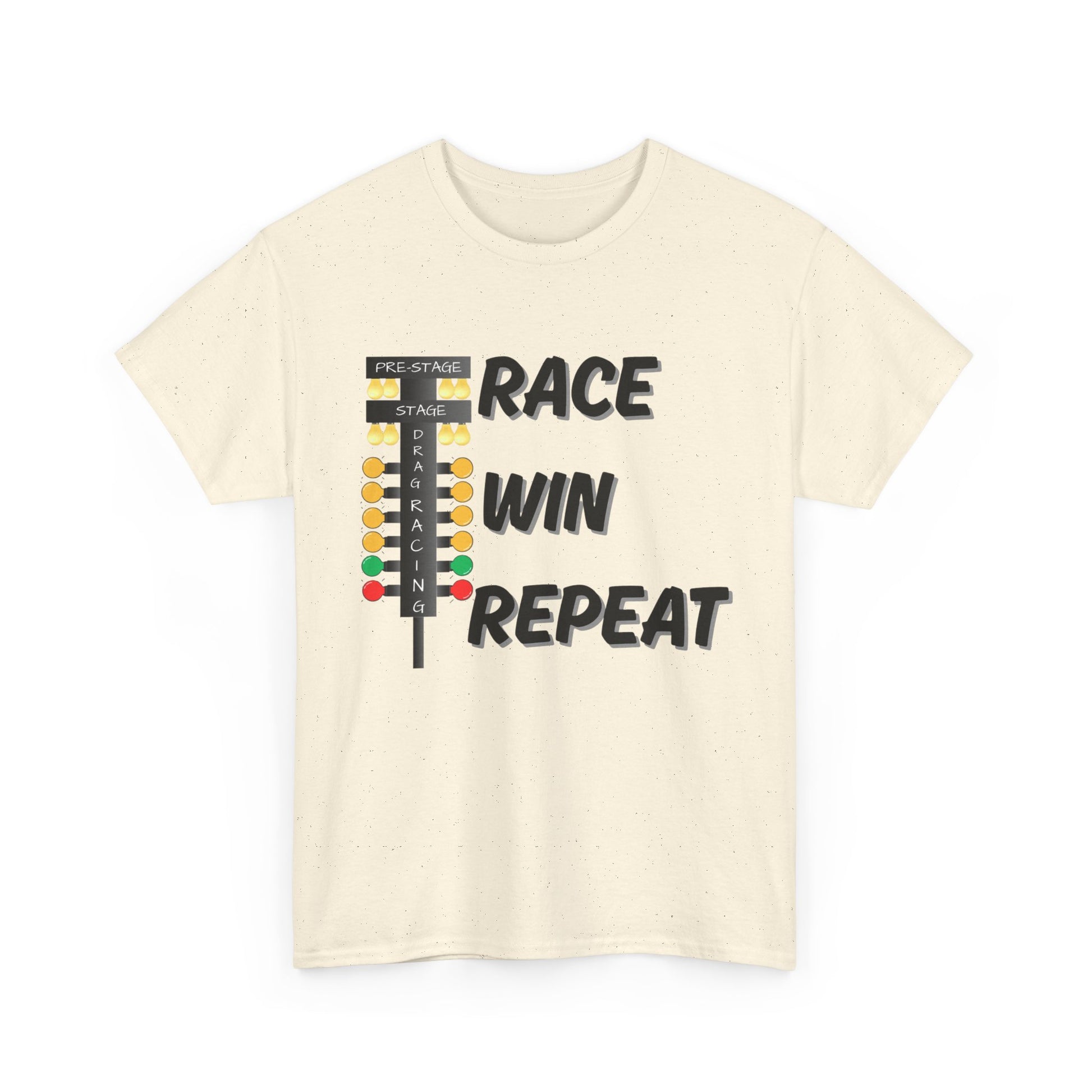 Beige t-shirt with race-themed graphic and text 'Race Win Repeat' on a white background