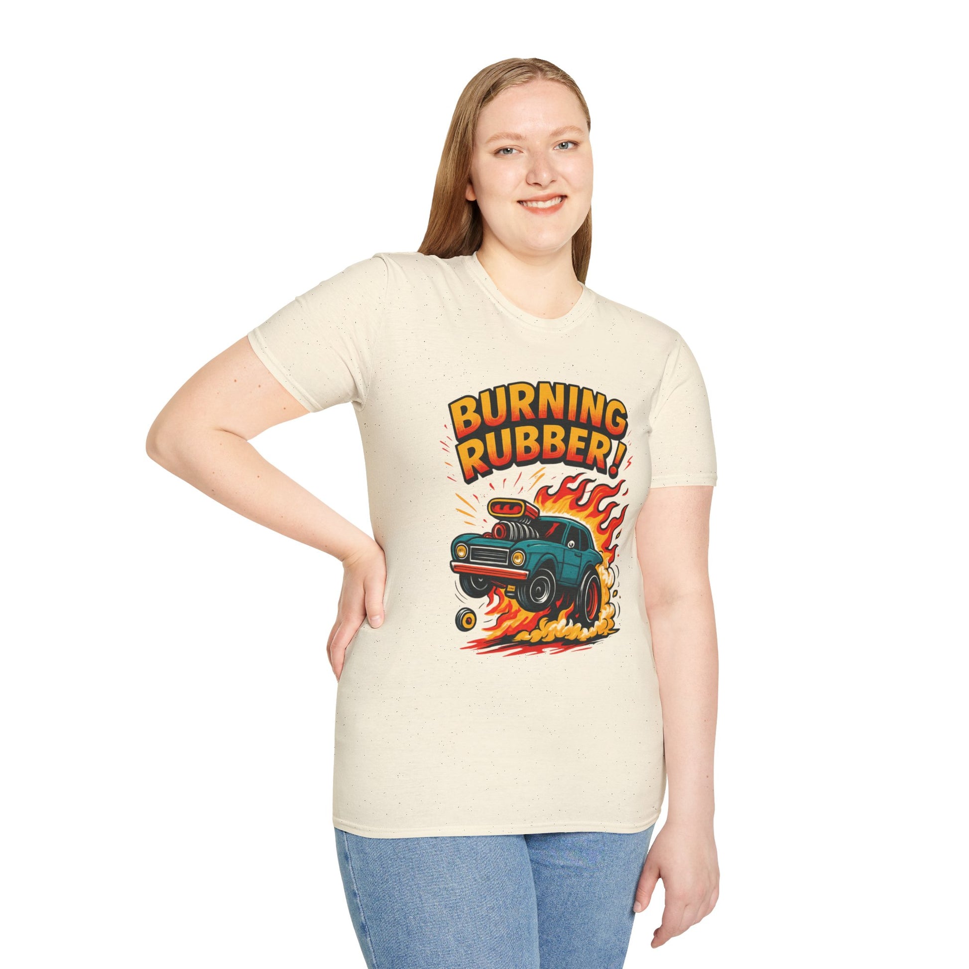 Person wearing a cream t-shirt with 'Burning Rubber!' graphic design on a white background