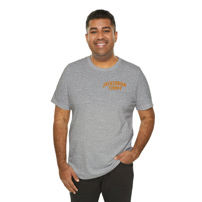 Man wearing a gray t-shirt with 'Jackedman Timmy' text on a white background
