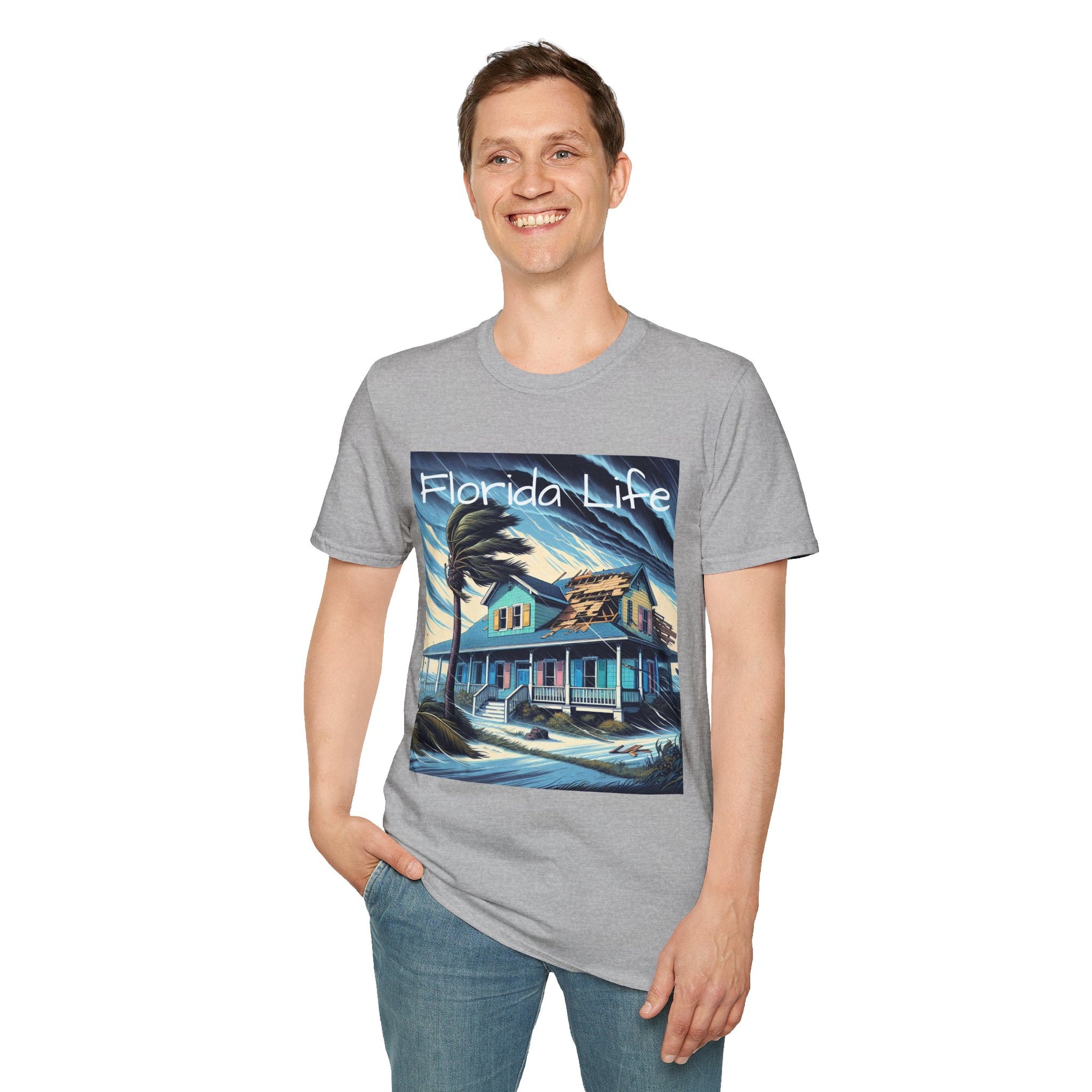 Person wearing a gray t-shirt with a 'Florida Life' graphic design on a white background