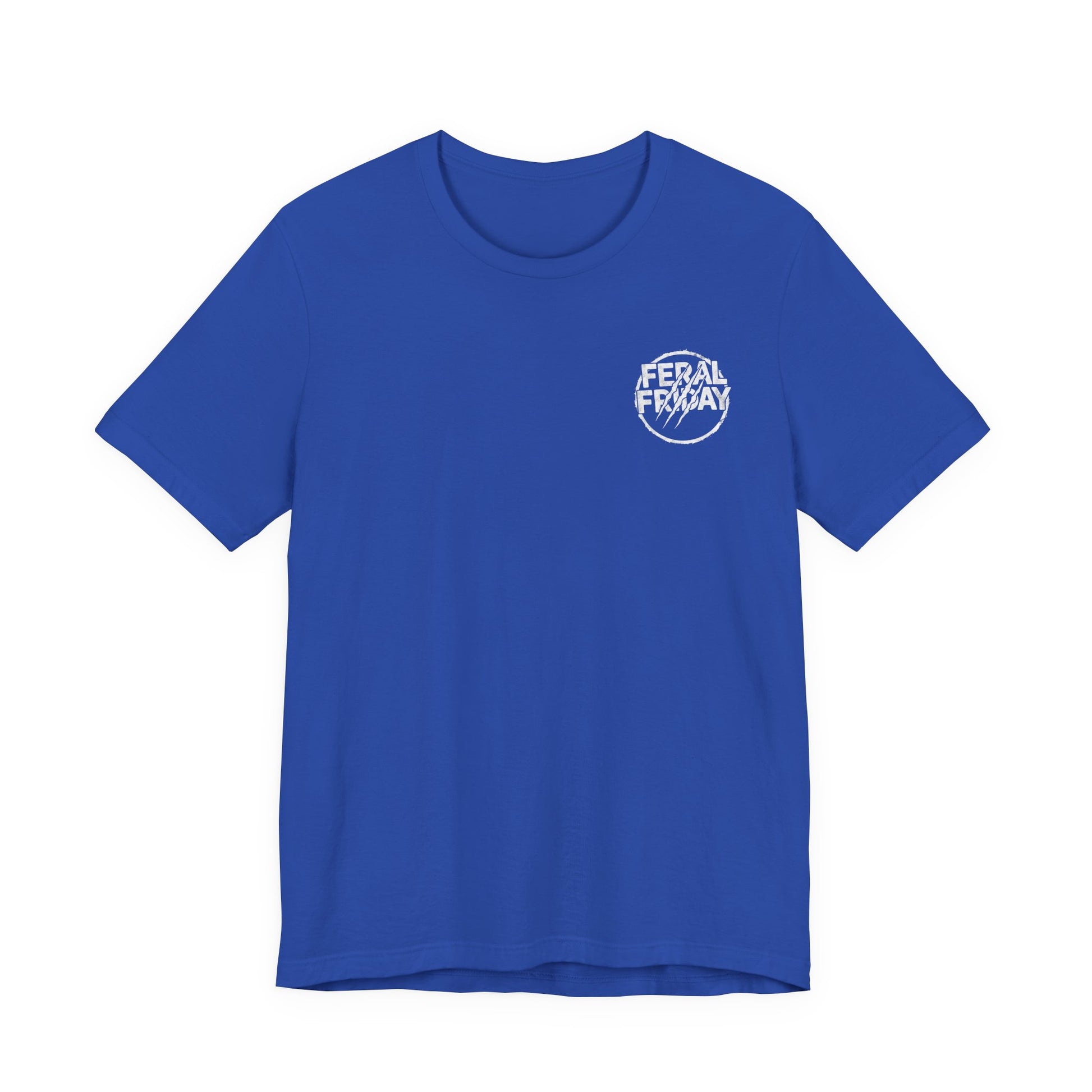 Blue t-shirt with a 'Feral Friday' logo on the chest against a white background