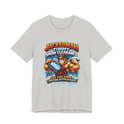Gray t-shirt with a graphic design featuring a muscular character and 'Jackedman Timmy Snow Clearance Get You Some Taction, Action Jackson' text on a white background