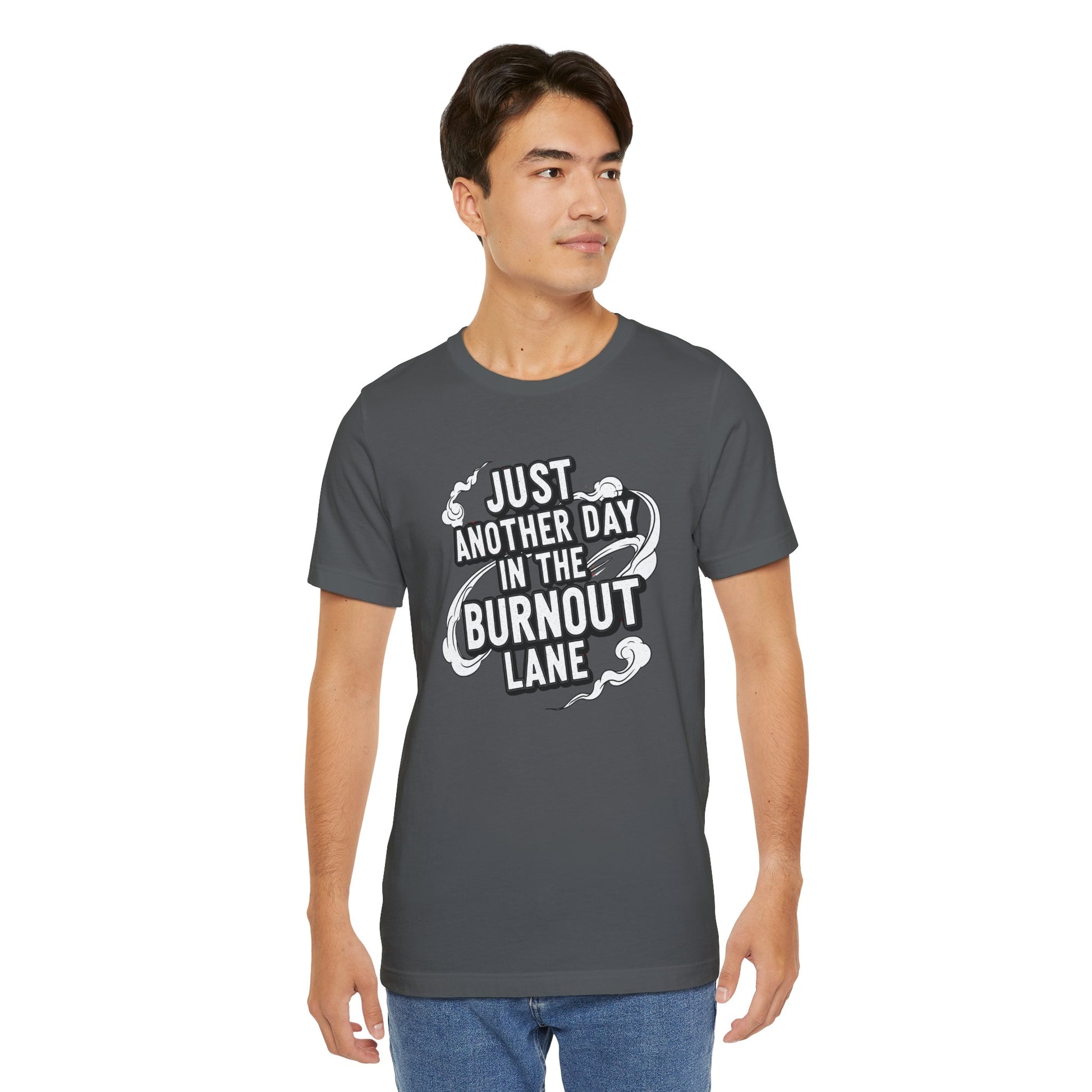 Man wearing a gray t-shirt with text on a white background