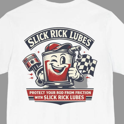 White t-shirt with Slick Rick Lubes graphic on a grey background