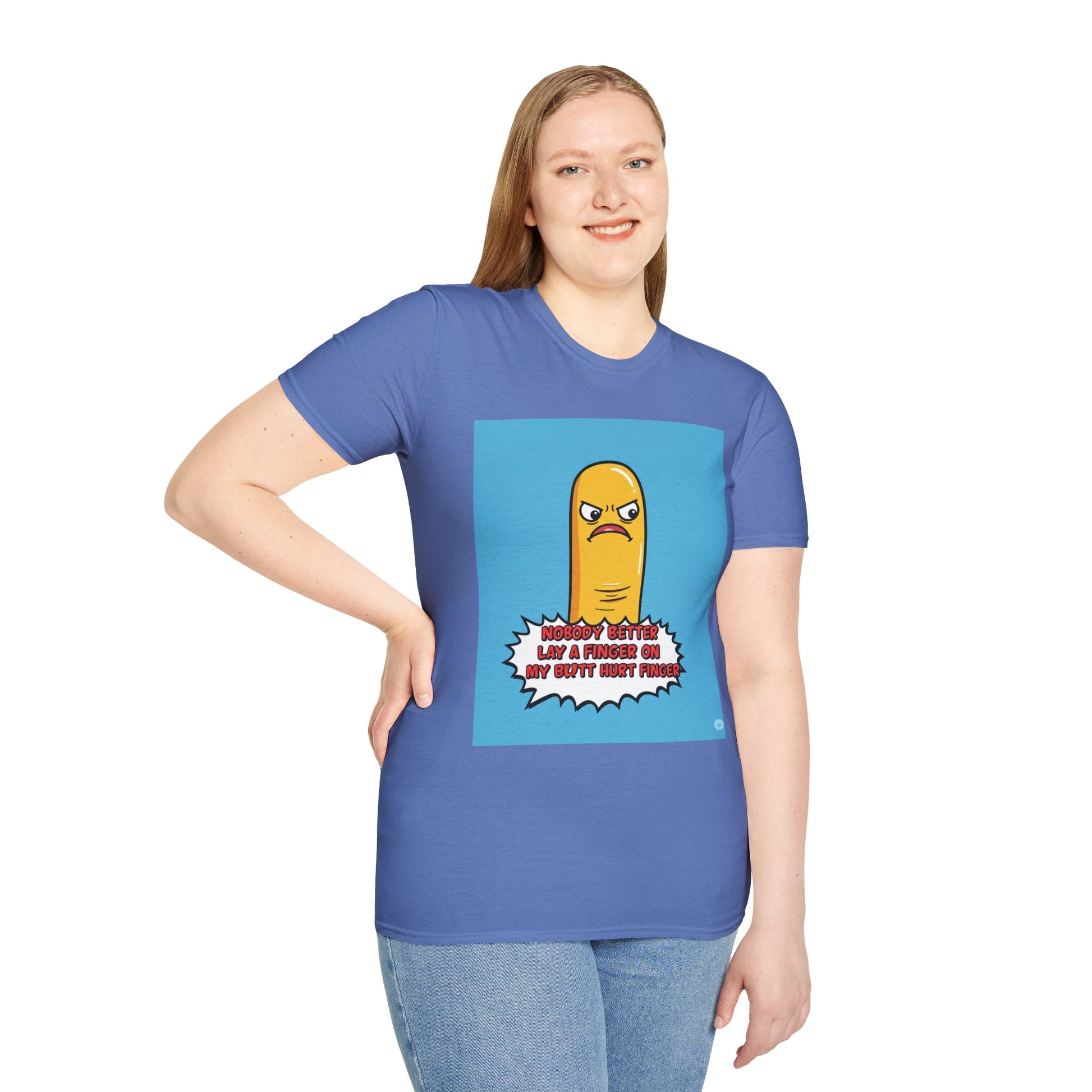 Person wearing a blue t-shirt with a cartoon character and text 'Nobody better lay a finger on my butt hurt finger' on a white background
