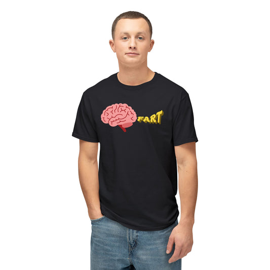 Person wearing a black t-shirt with a brain and 'FART' graphic on a white background