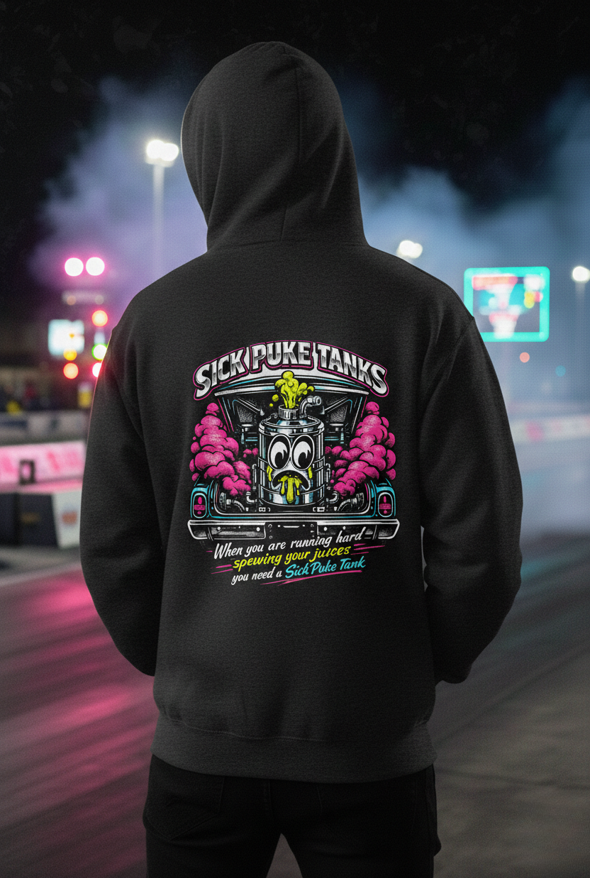 Man wearing a dark gray heather hoodie with a colorful graphic and 'Sick Puke Tanks When you are running hard spewing your juices you need a Sick Puke Tank' text on the back