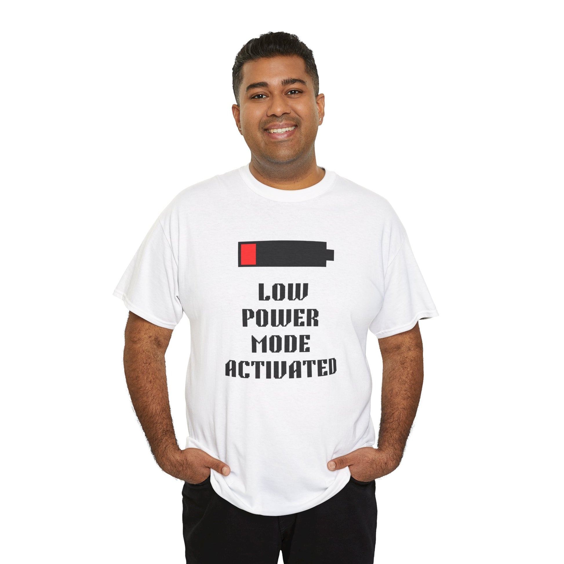 Man wearing a white t-shirt with 'Low Power Mode Activated' text and battery graphic.