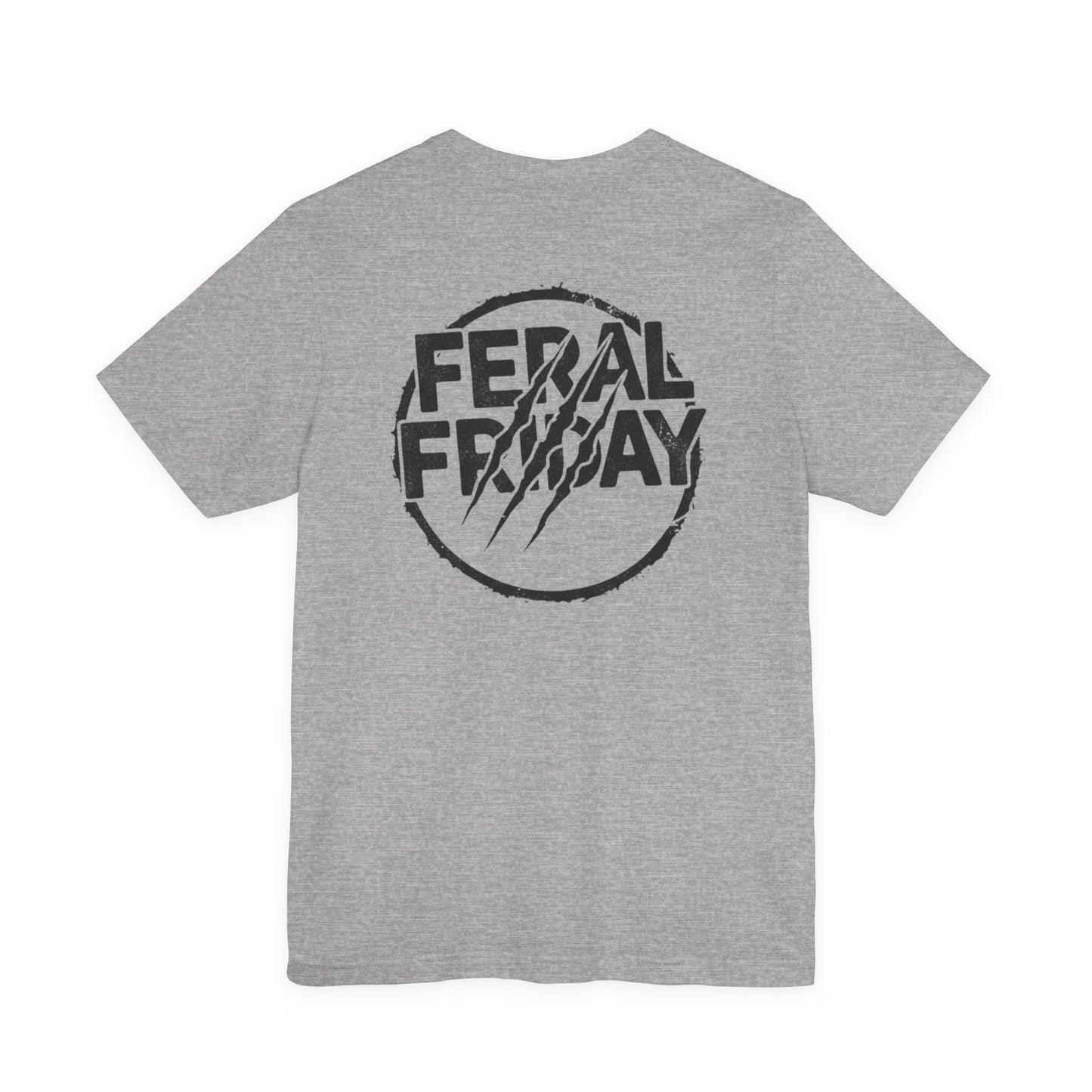 Gray t-shirt with black 'Feral Friday' logo on the back on a white background