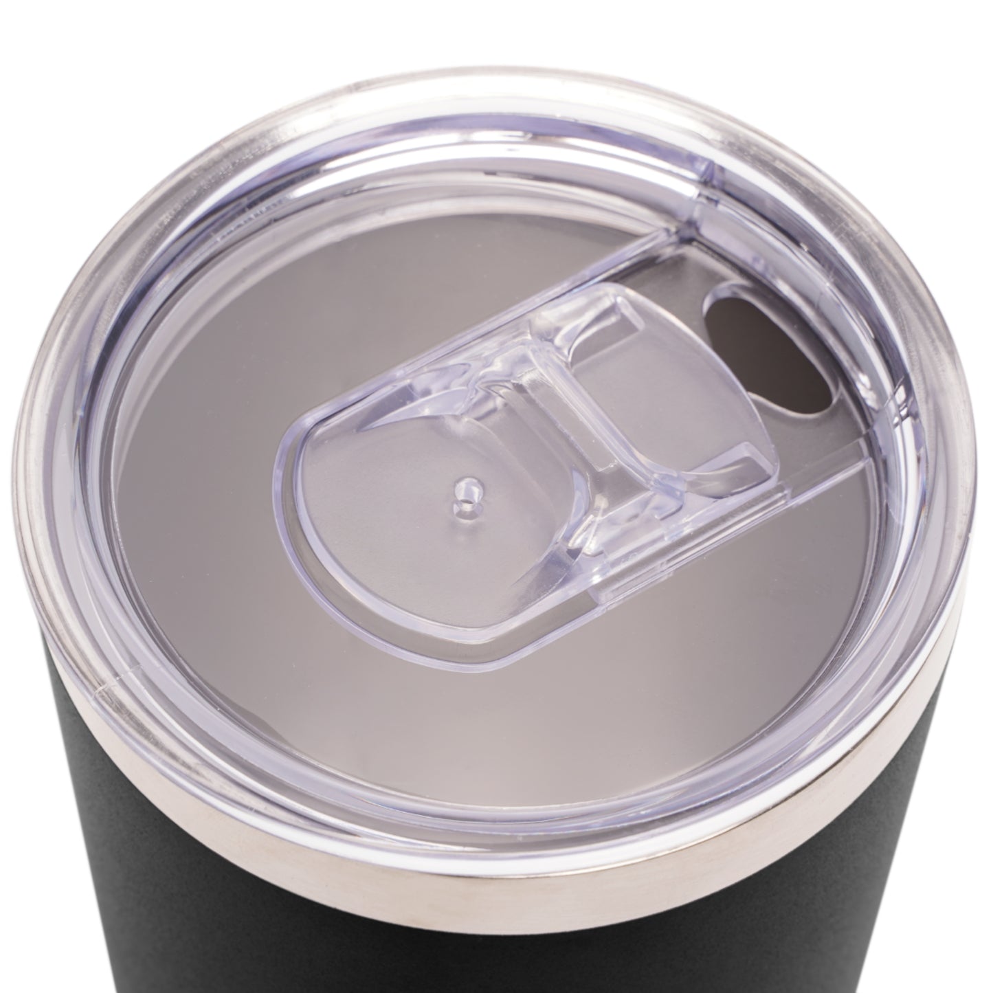 Close-up of the top of a black insulated tumbler with a transparent plastic lid featuring a sliding cover over the drinking hole. The lid is spill-resistant and designed for hot or cold beverages, shown with a metallic rim and matte black body.