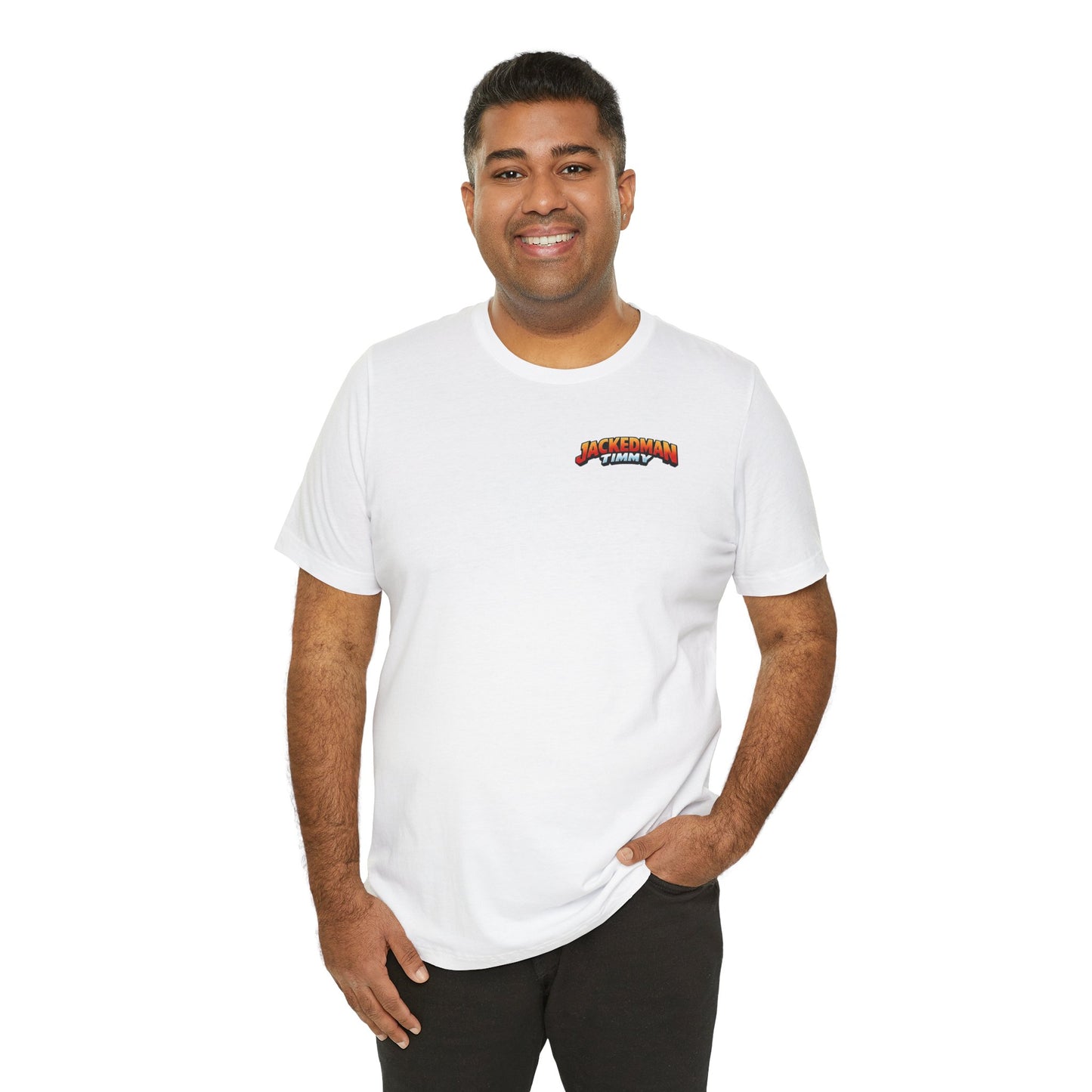 Man wearing a white t-shirt with a 'Jackedman Timmy' logo on a white background