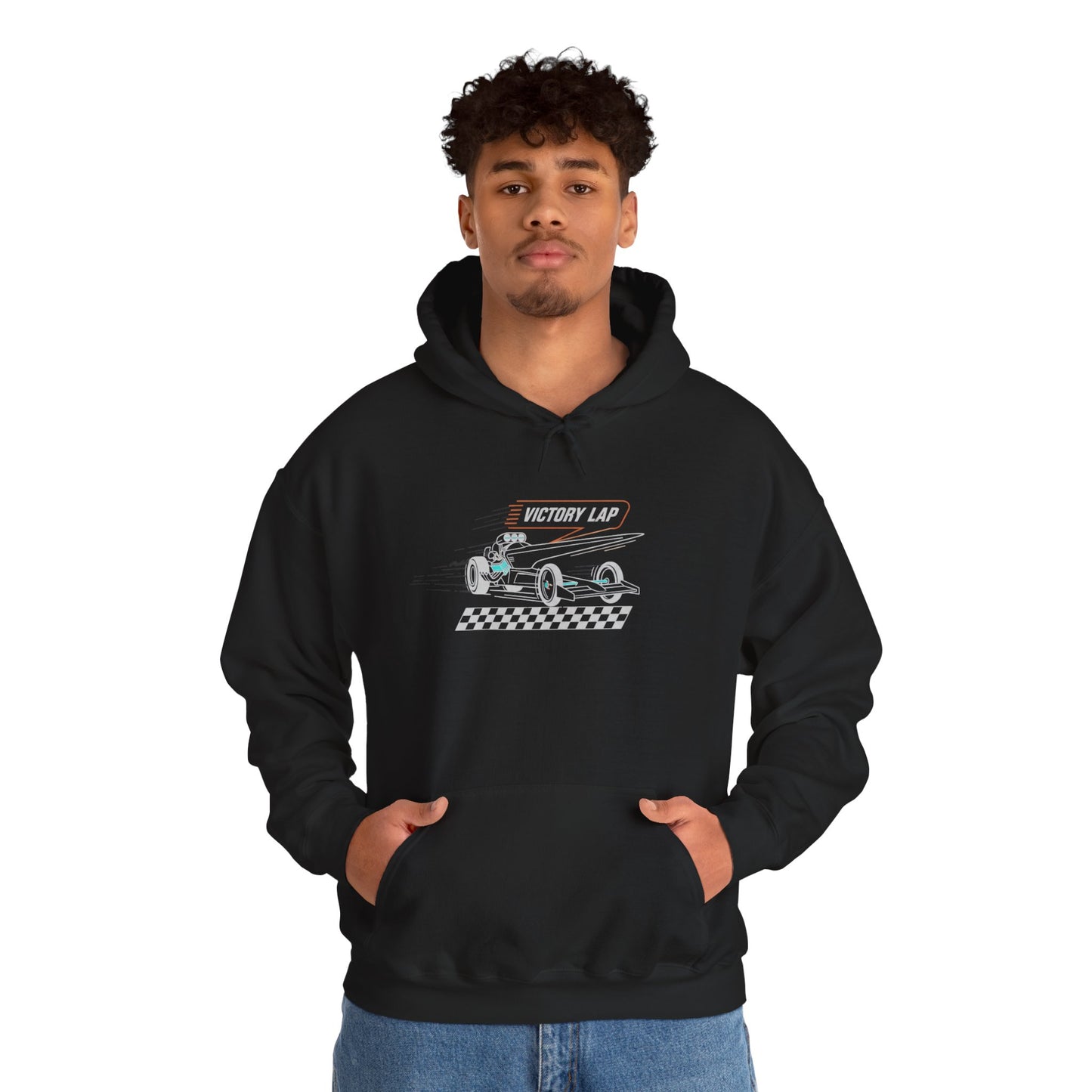 Person wearing a black hoodie with a race car graphic and text 'VICTORY LAP' on a white background