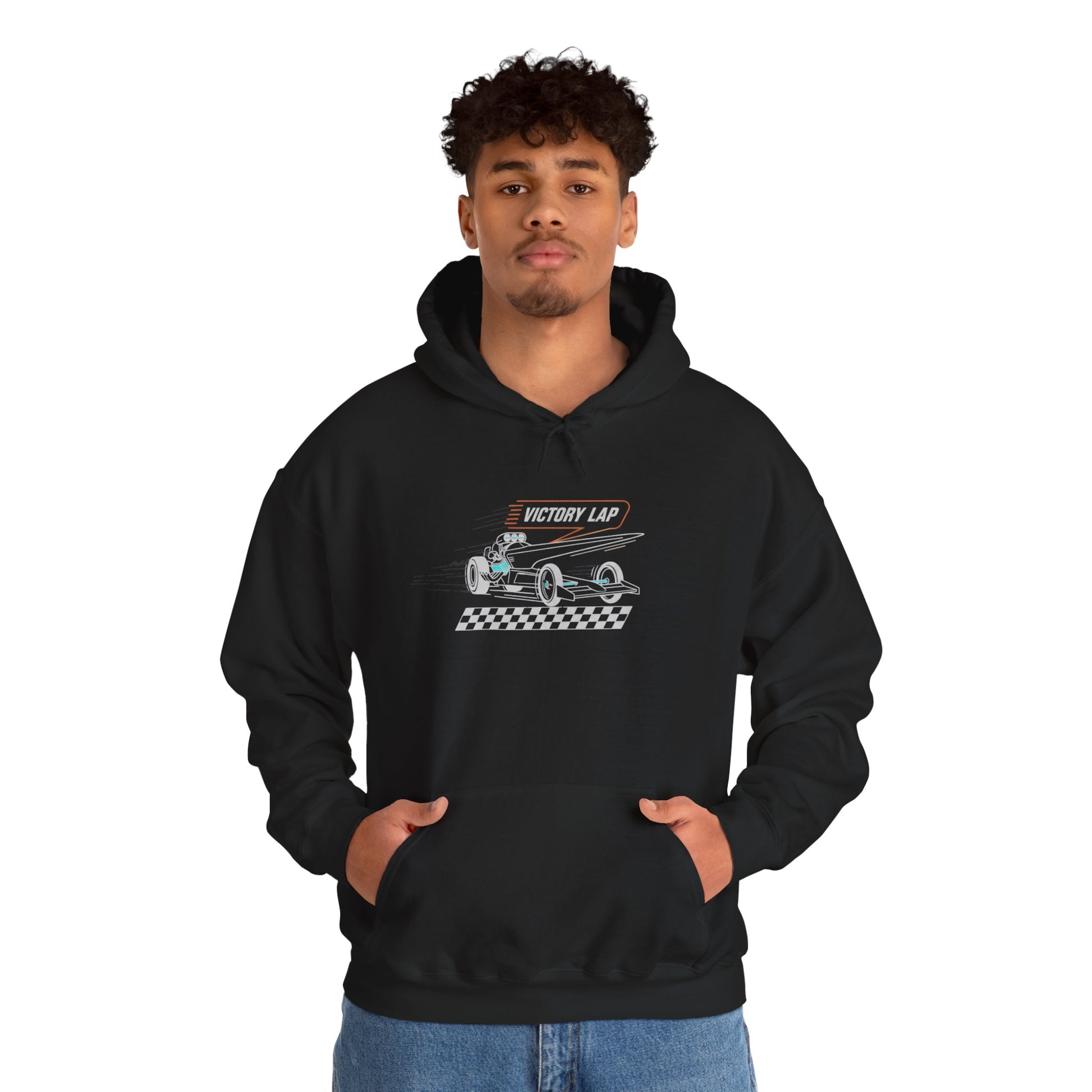 Person wearing a black hoodie with a race car graphic and text 'VICTORY LAP' on a white background