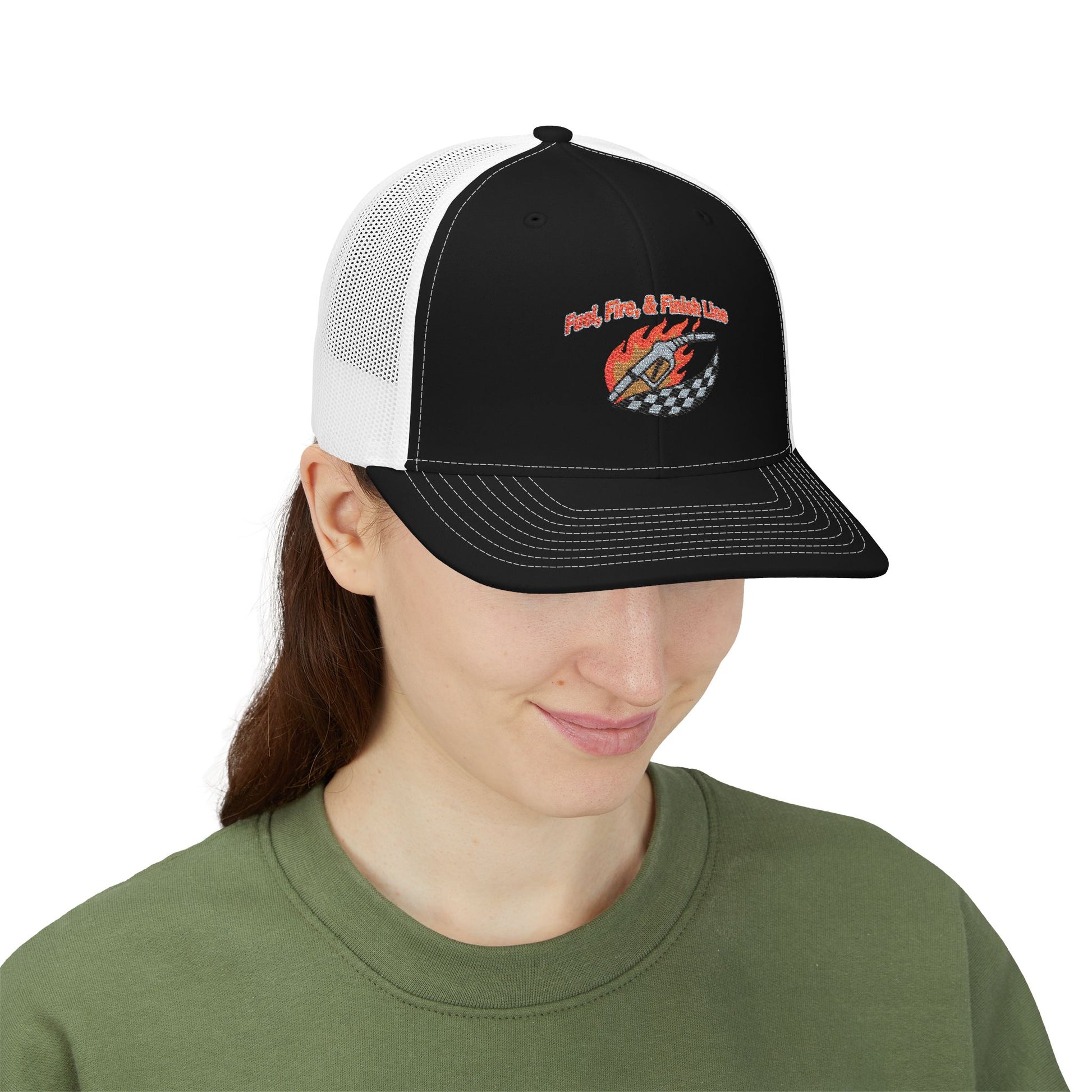 Person wearing a black and white cap with a logo and text 'Fuel, Fire & Finish Line' on a white background