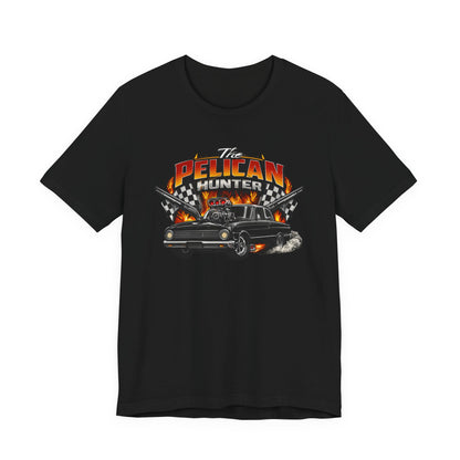 Black t-shirt with 'The Pelican Hunter' graphic design on a white background
