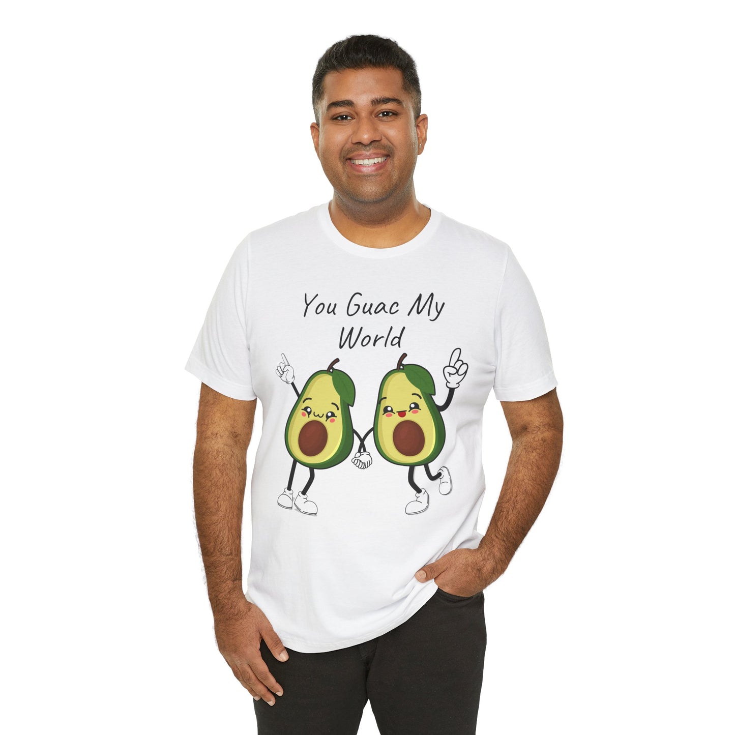 Man wearing a white t-shirt with avocado graphics and text 'You Guac My World' on a white background