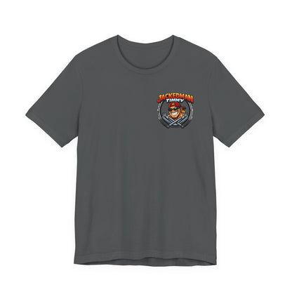 Gray t-shirt with a graphic design Jackedman Timmy Race Jacks logo on a white background