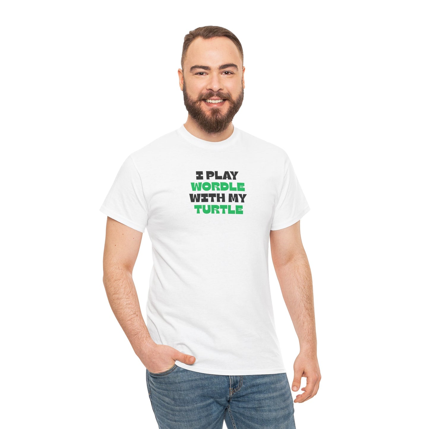 Man wearing a white t-shirt with green text 'I play wordle with my turtle' on a white background