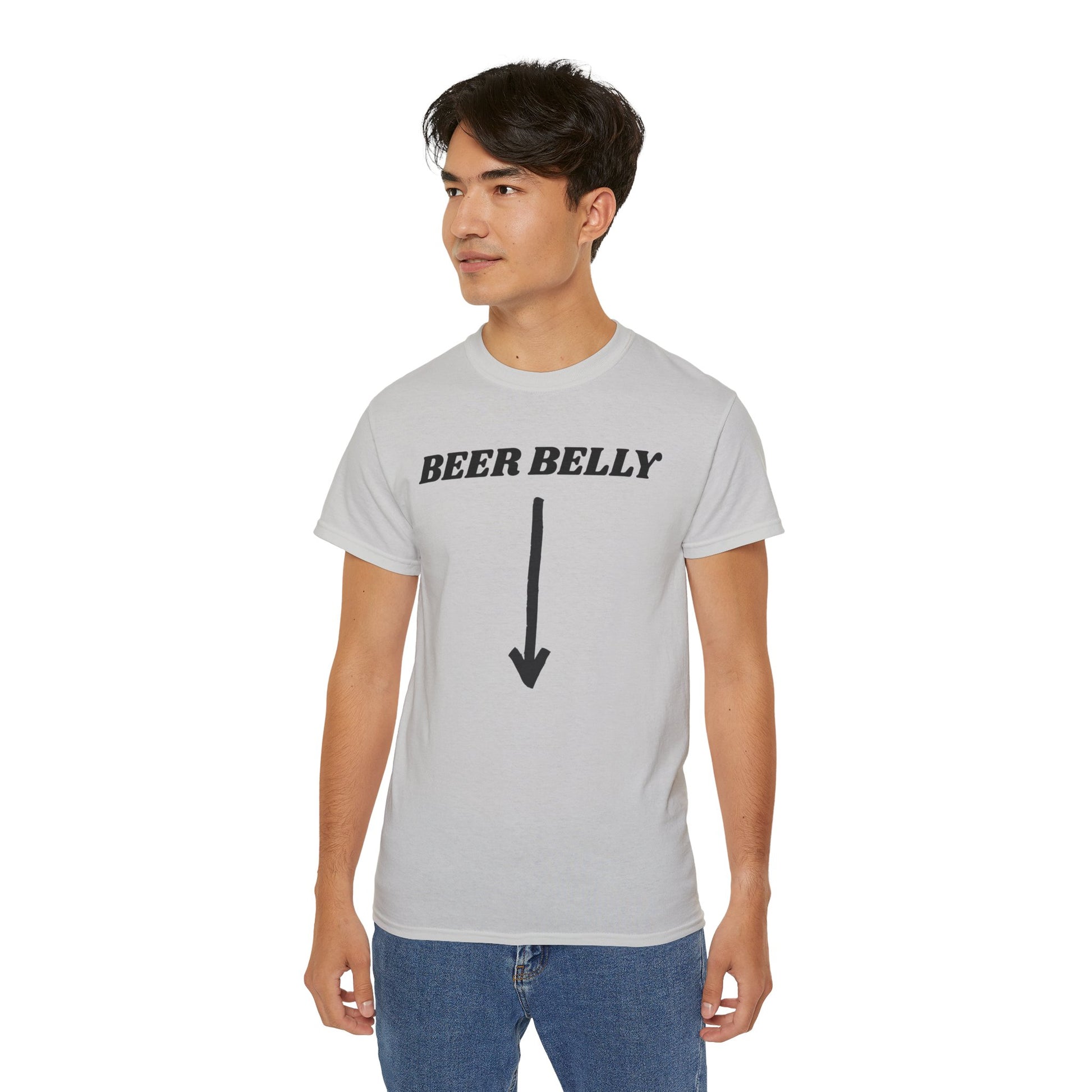 Person wearing a gray t-shirt with 'BEER BELLY' text and arrow graphic on a white background
