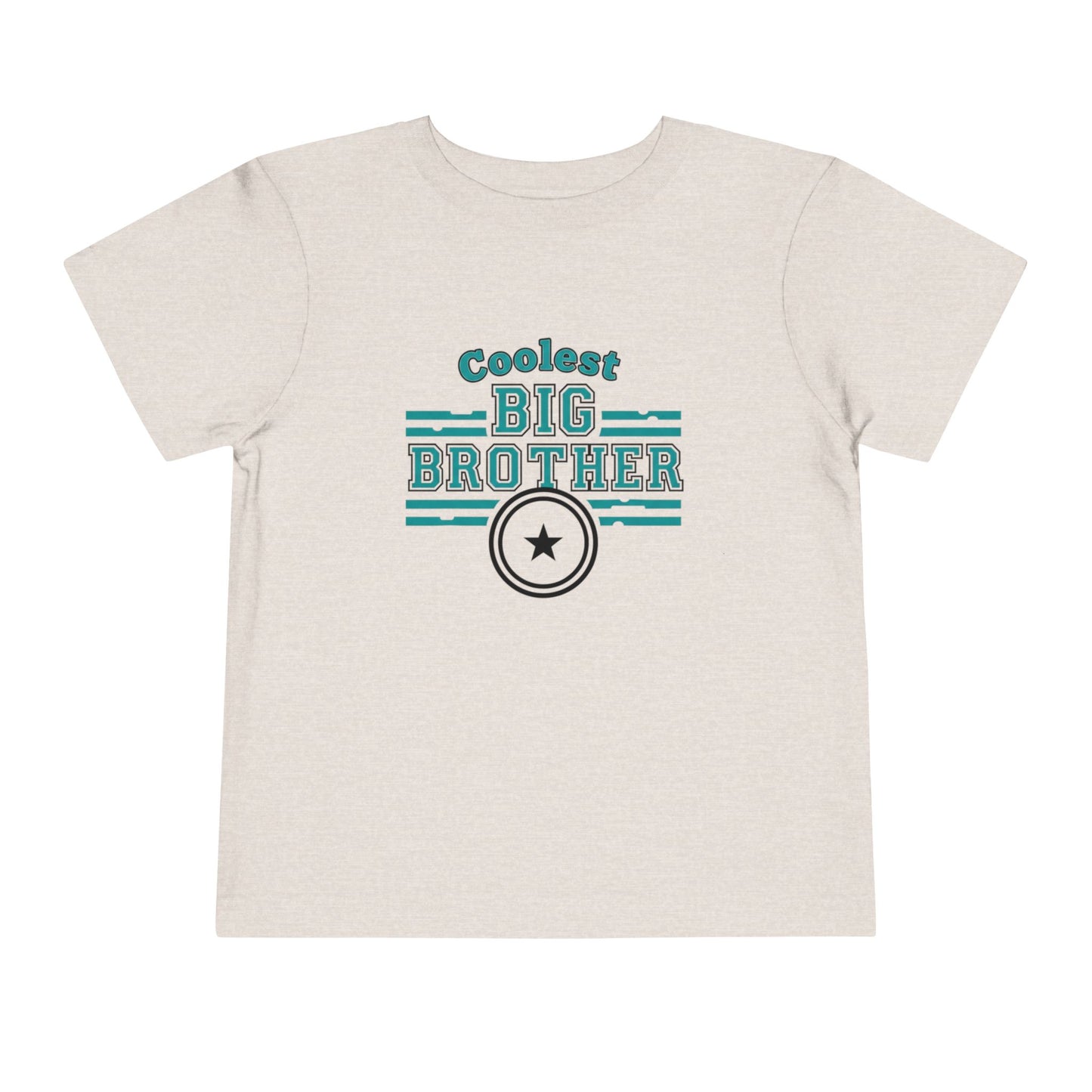 Beige t-shirt with 'Coolest Big Brother' text and star design on a white background