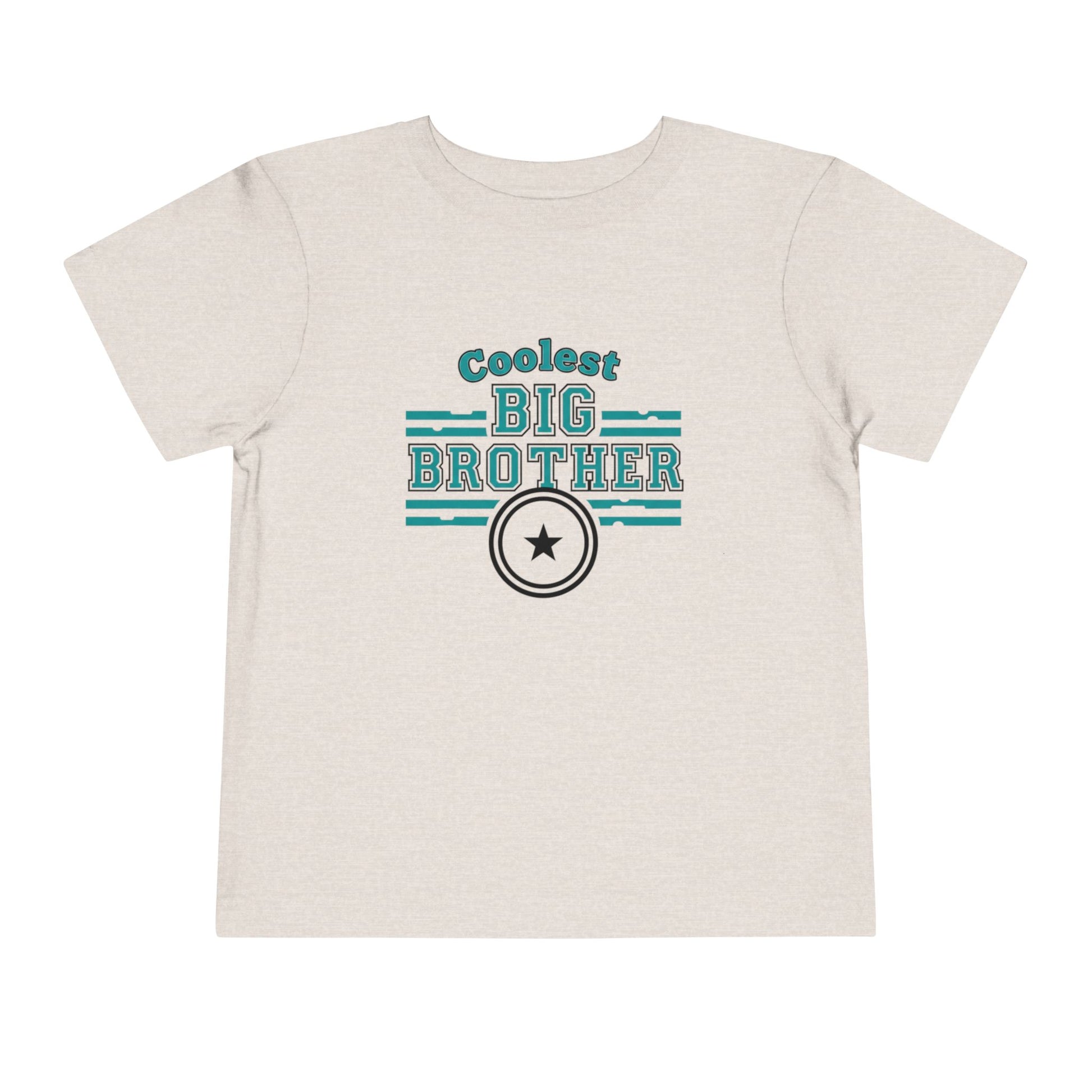 Beige t-shirt with 'Coolest Big Brother' text and star design on a white background
