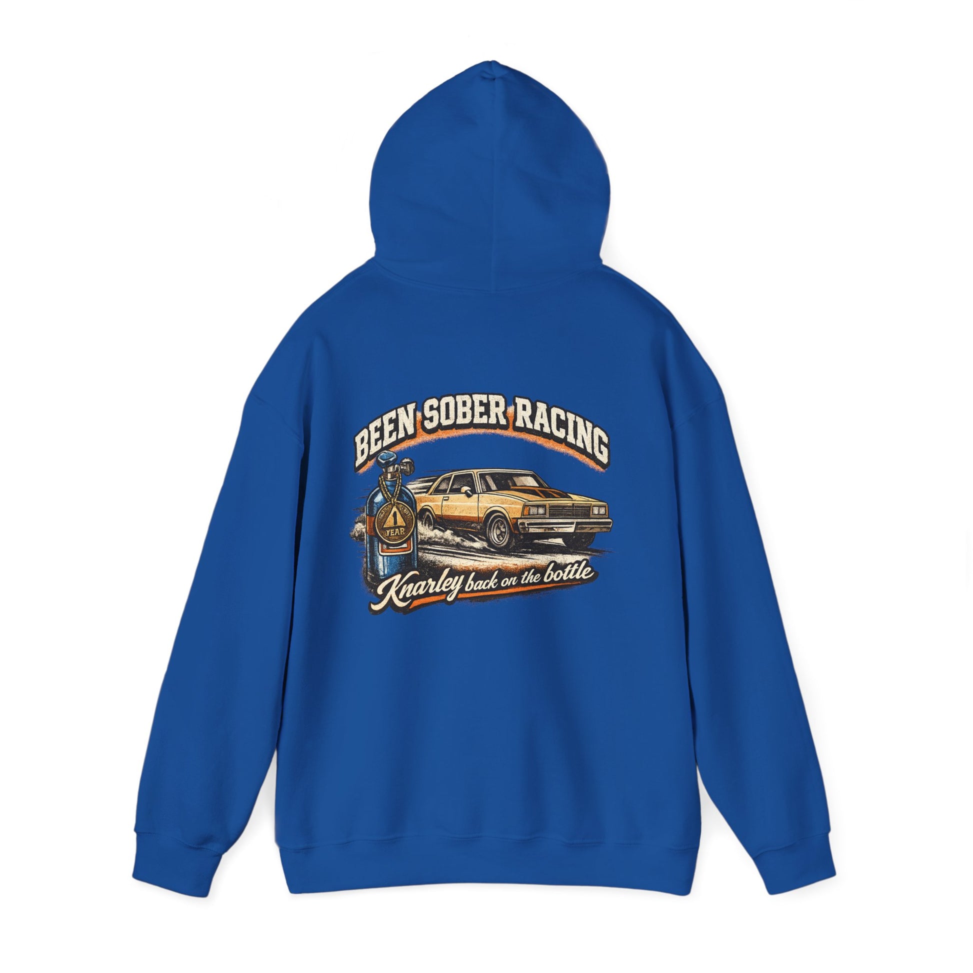 Blue hoodie with a graphic design on the back featuring a car and 'Been Sober Racing Knarley back on the bottle' text.