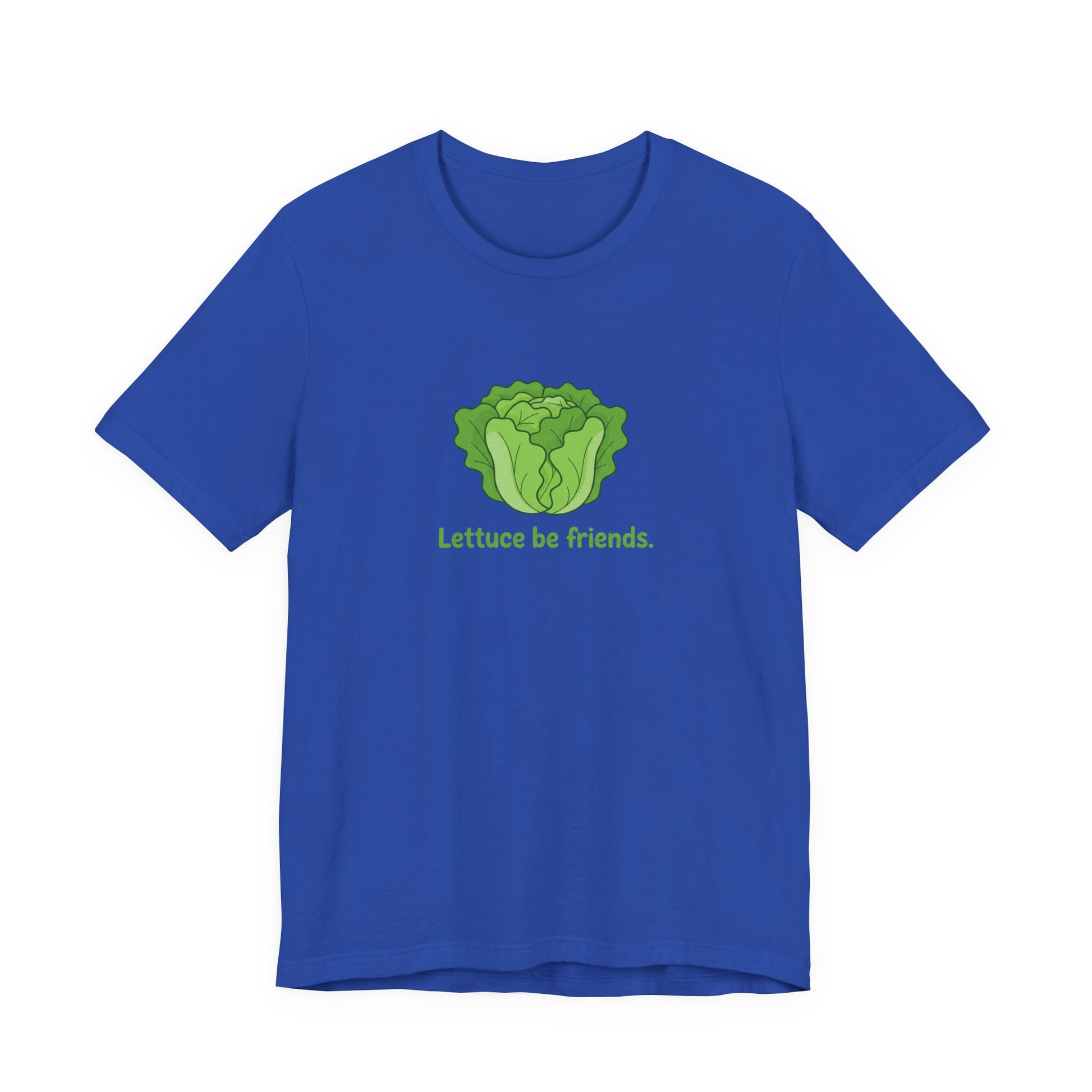 Blue t-shirt with a green lettuce graphic and text 'Lettuce be friends' on a white background