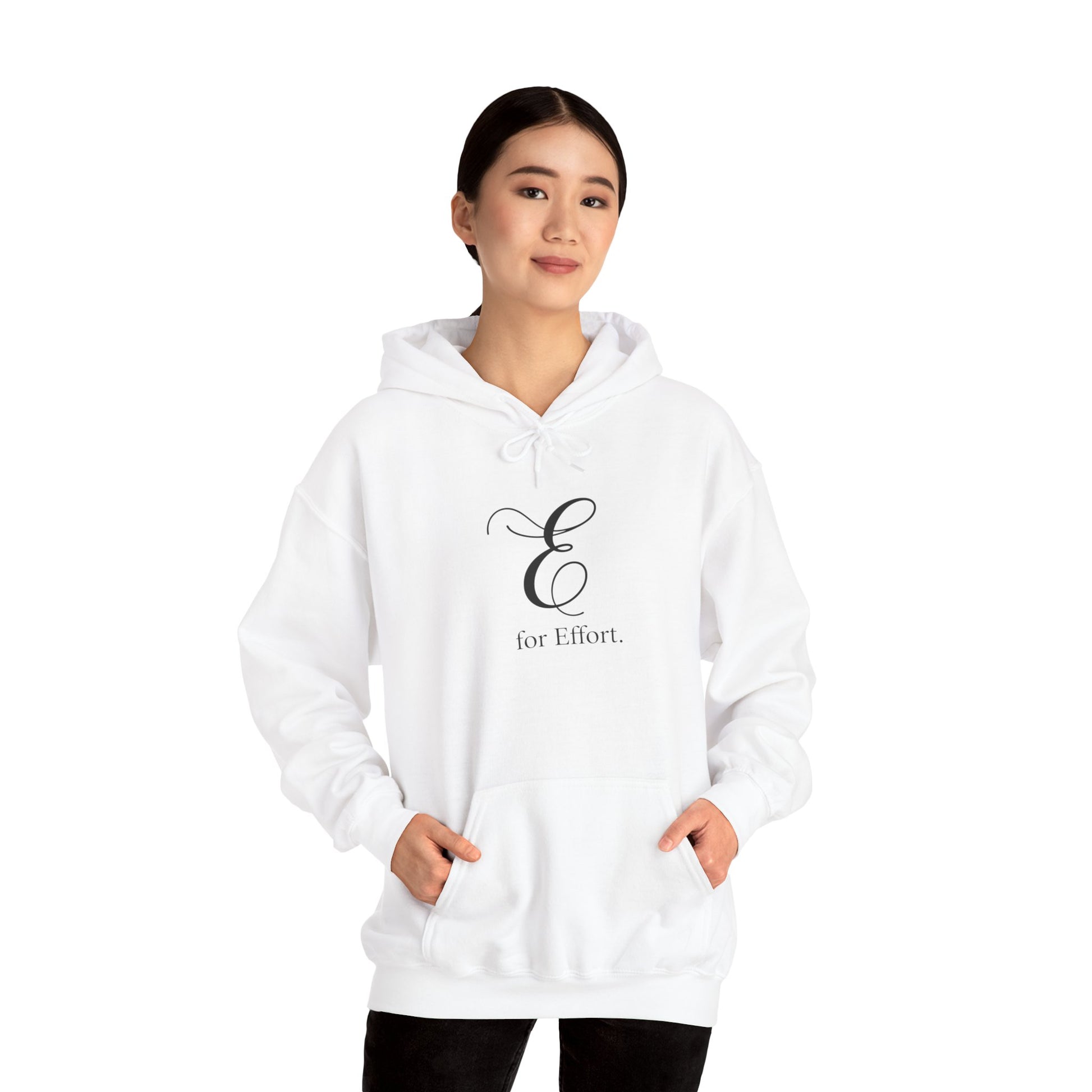 Person wearing a white hoodie with 'E for Effort' text on a white background