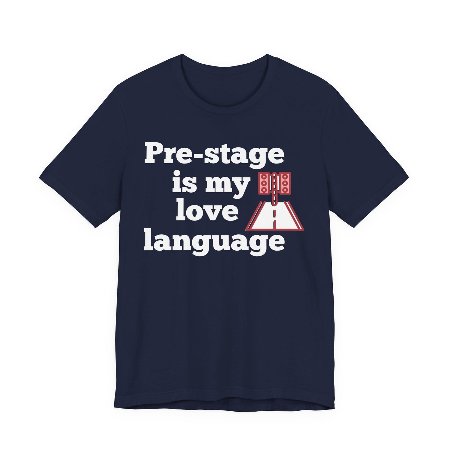 Navy blue t-shirt with white text 'Snooze button is my love language' and red graphic on a white background