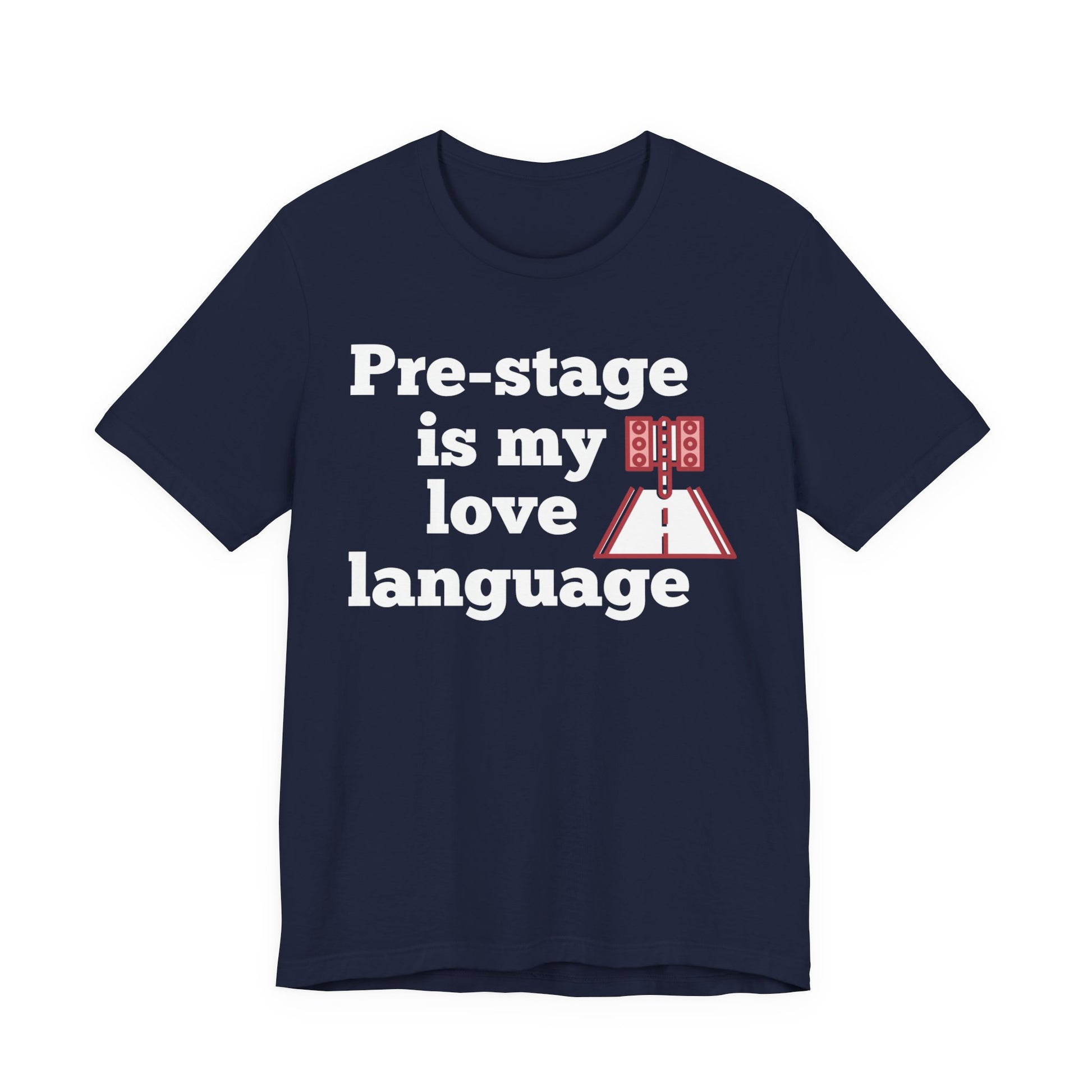 Navy blue t-shirt with white text 'Snooze button is my love language' and red graphic on a white background