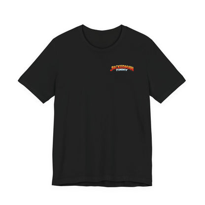Black t-shirt with a 'Jackedman Timmy' logo on the chest against a white background