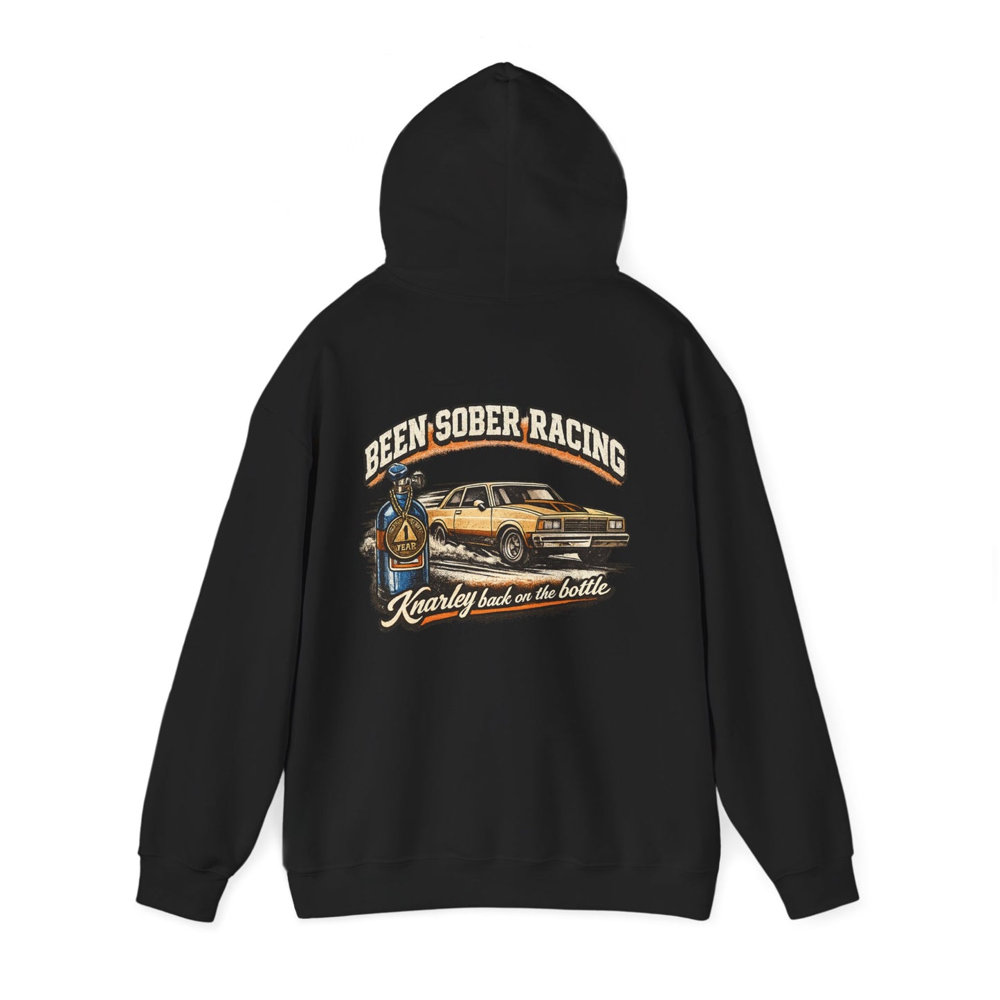 Black hoodie with graphic design on the back featuring a car and 'Been Sober Racing Knarley back on the bottle' text.