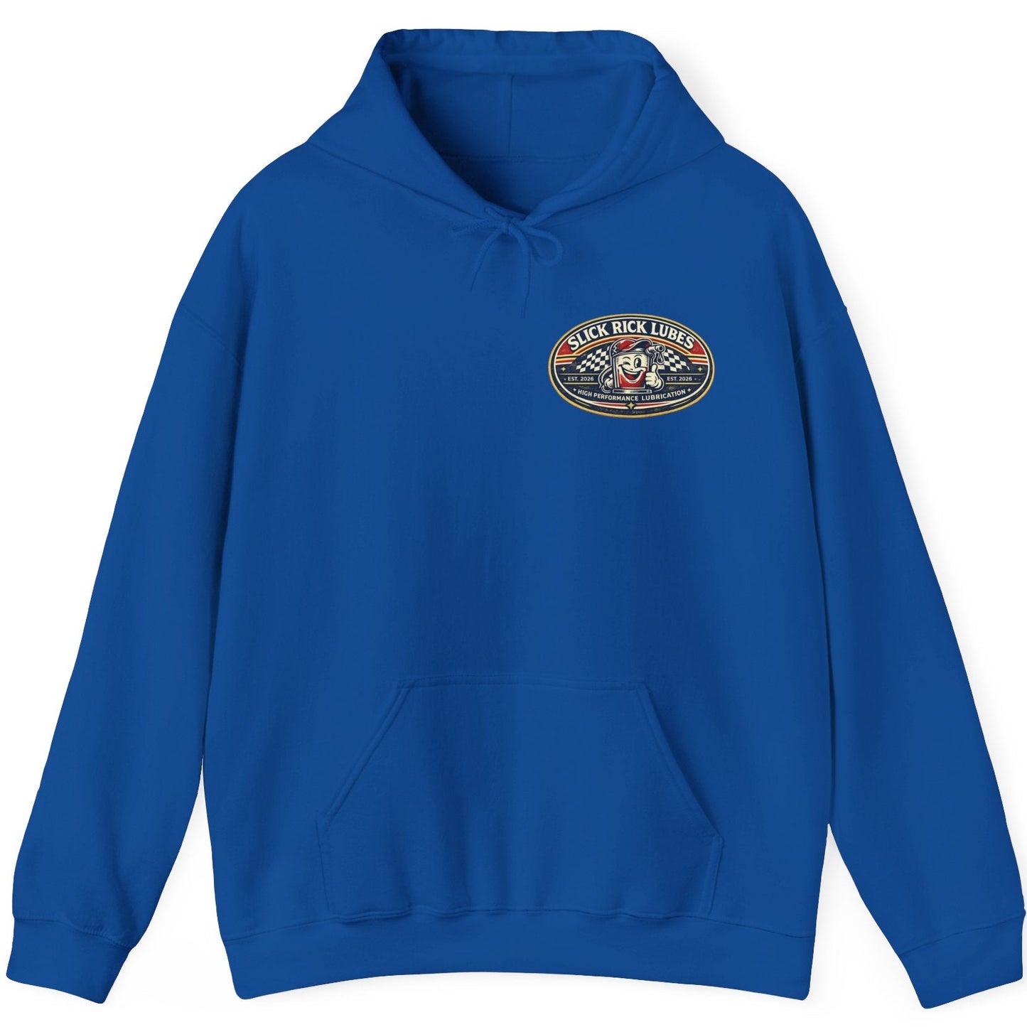 Blue hoodie with a 'Slick Rick Lubes' logo on the chest against a white background