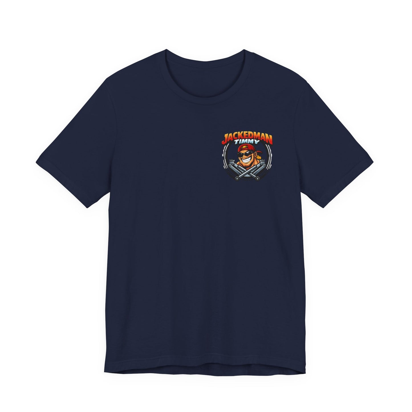 Navy blue t-shirt with a graphic design Jackedman Timmy Race Jacks logo on a white background