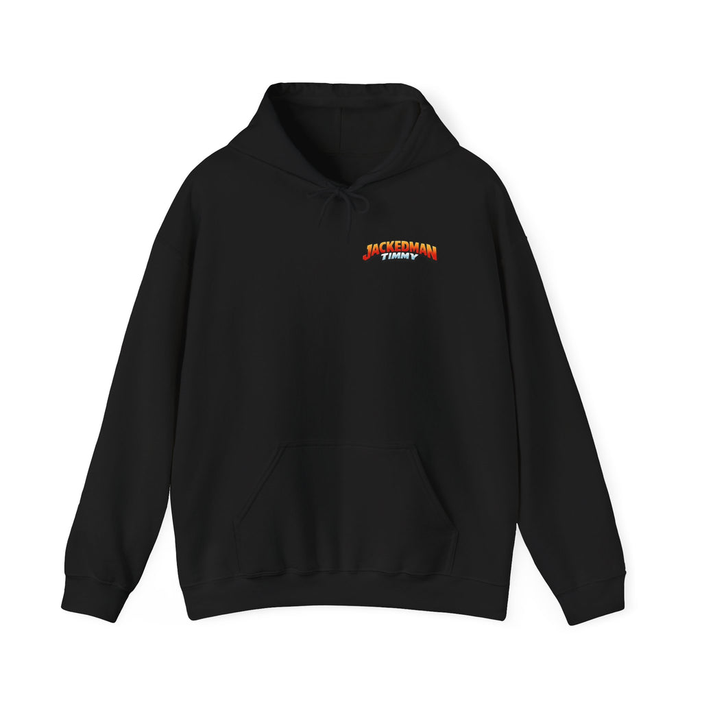 Black hoodie with 'Jackedman Timmy' logo on a white background