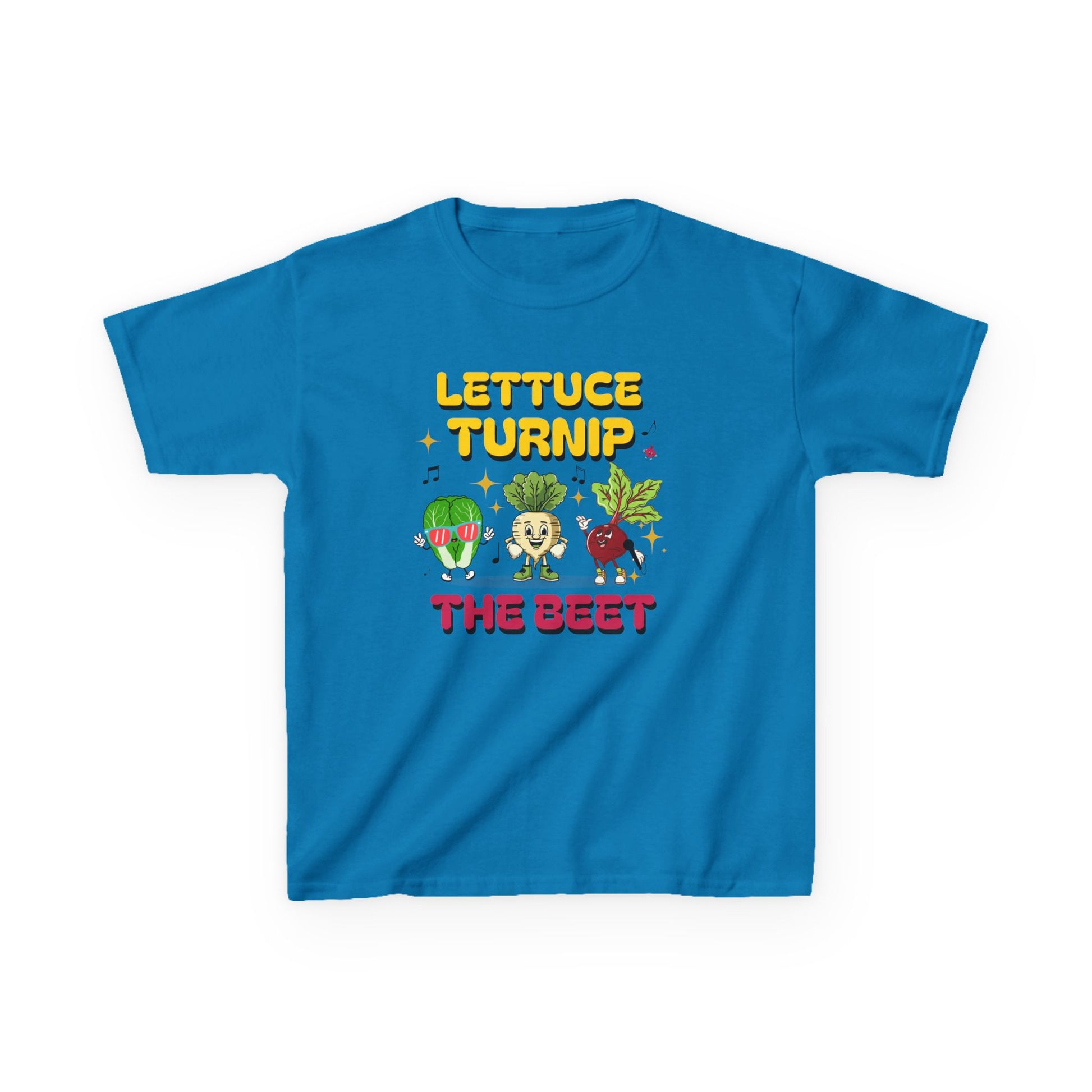 Blue t-shirt with colorful vegetable graphics and text 'Lettuce Turnip the Beet' on a white background