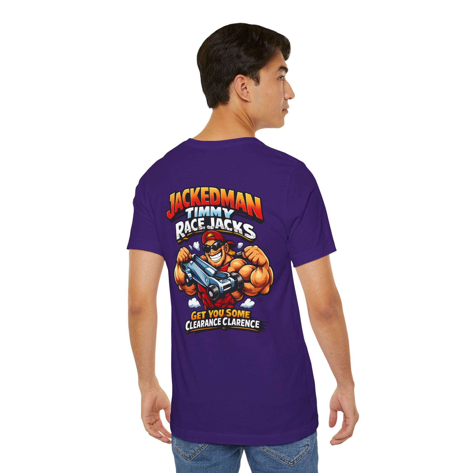 Person wearing a purple t-shirt with a graphic design and 'Jackedman Timmy Race Jacks Get You Some Clearance Clarence' text on the back