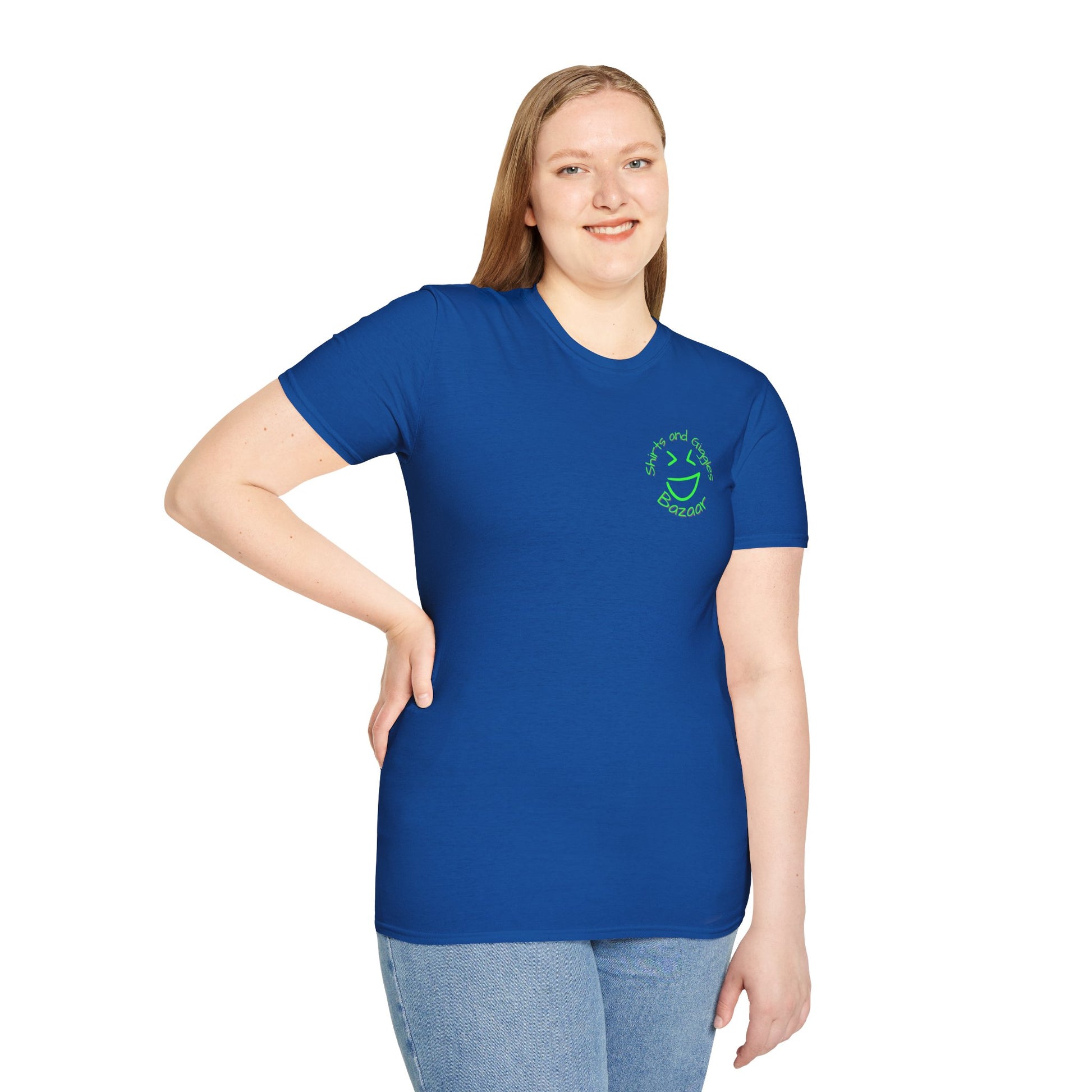 Person wearing a blue t-shirt with a 'Shirts and Giggles Bazaar' logo on a white background