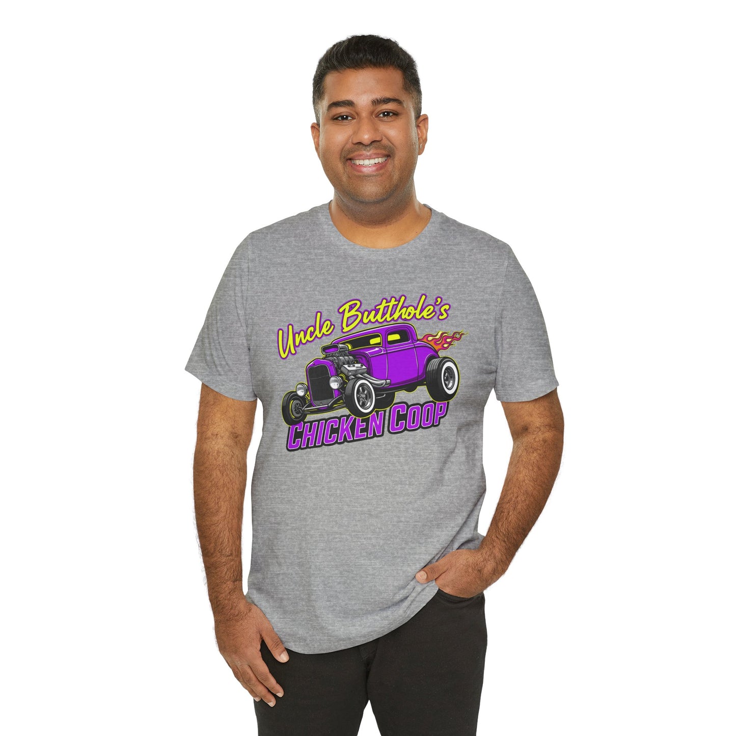 Man wearing a gray t-shirt with a graphic design and text 'Uncle Butthole's Chicken Coop' on a white background