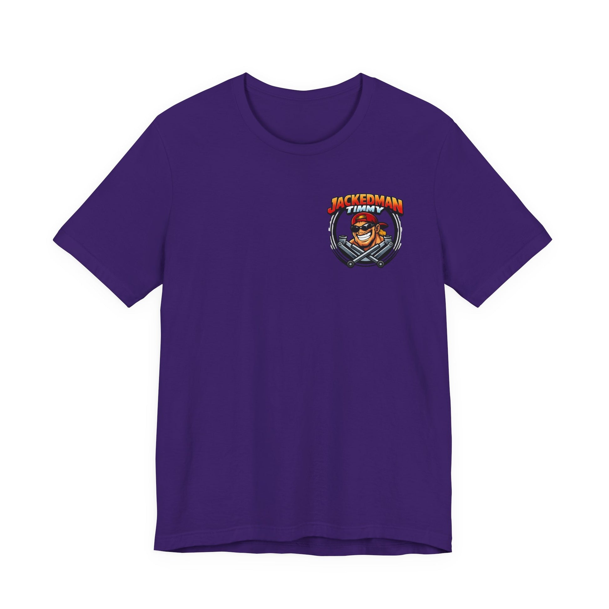 Purple t-shirt with a graphic design Jackedman Timmy Race Jacks logo on a white background