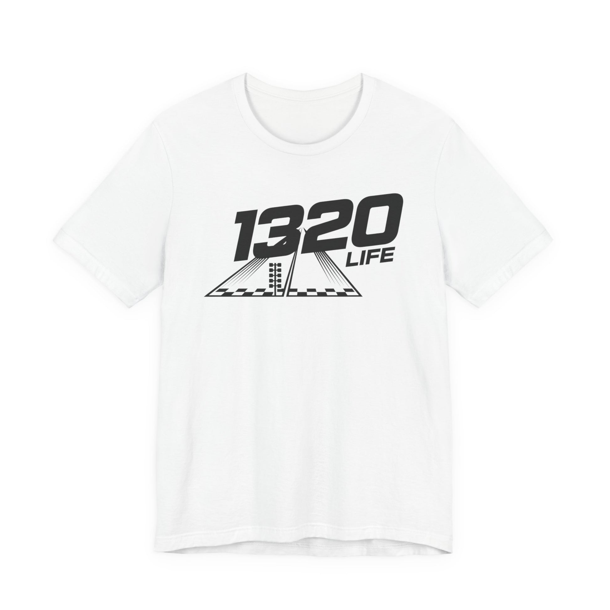 White t-shirt with black graphic design and text '1320 Life' on a white background