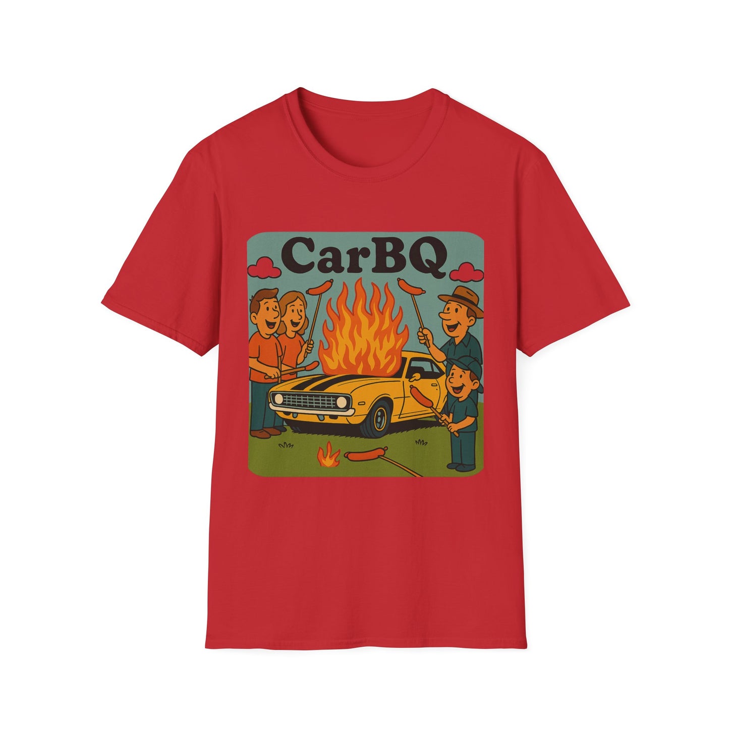 Red t-shirt with 'Car BBQ' graphic design on a white background