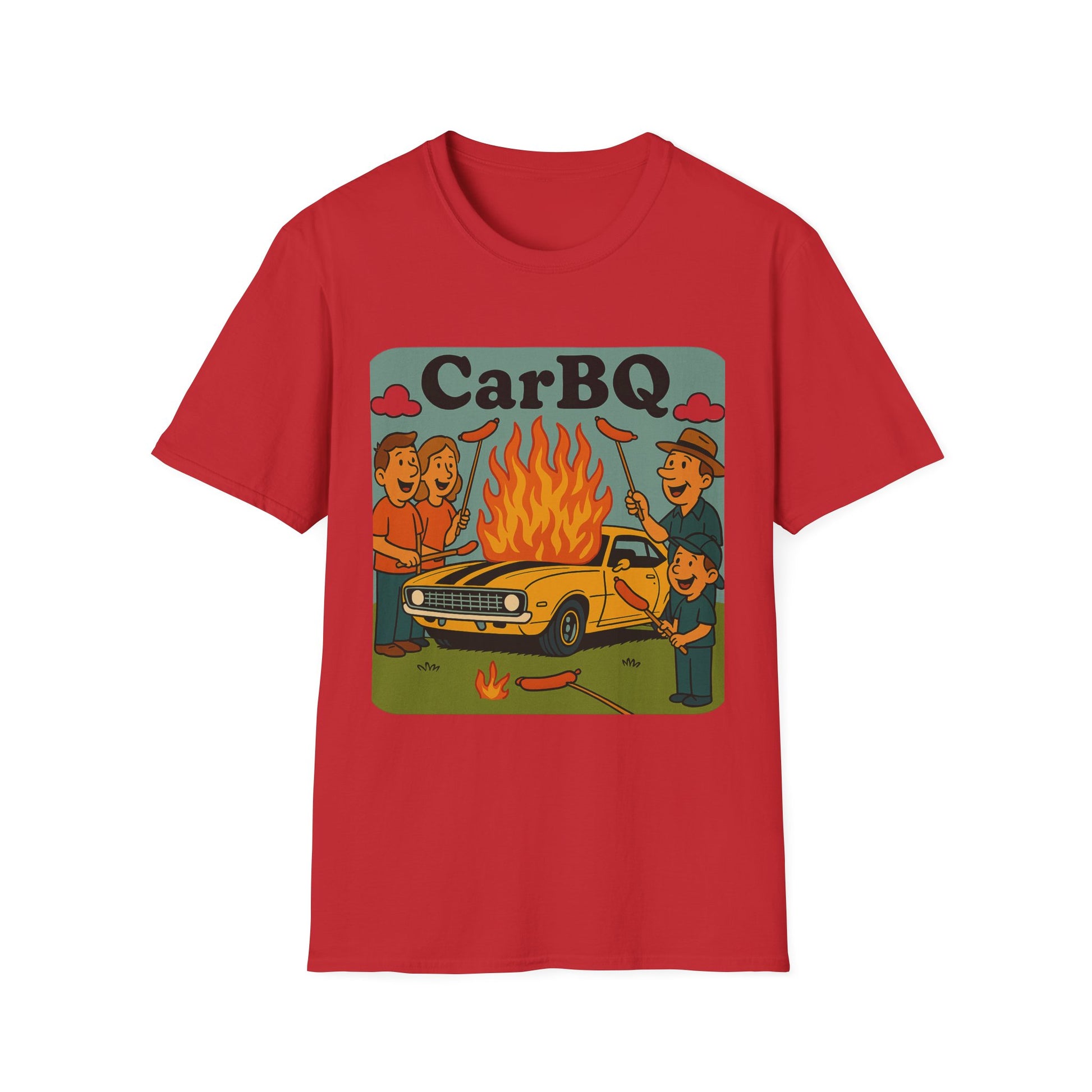 Red t-shirt with 'Car BBQ' graphic design on a white background