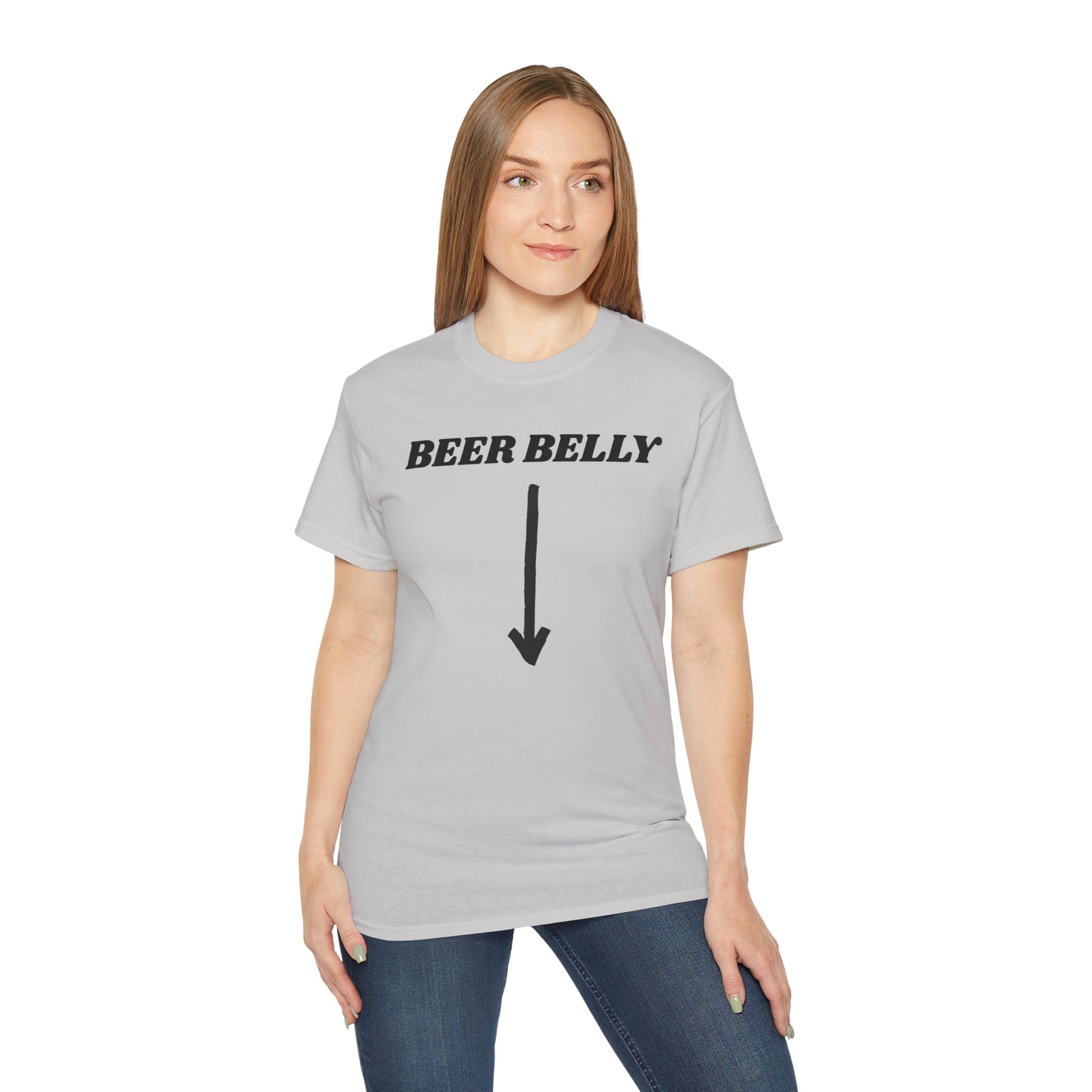 Person wearing a gray t-shirt with 'BEER BELLY' text and an arrow graphic on a white background