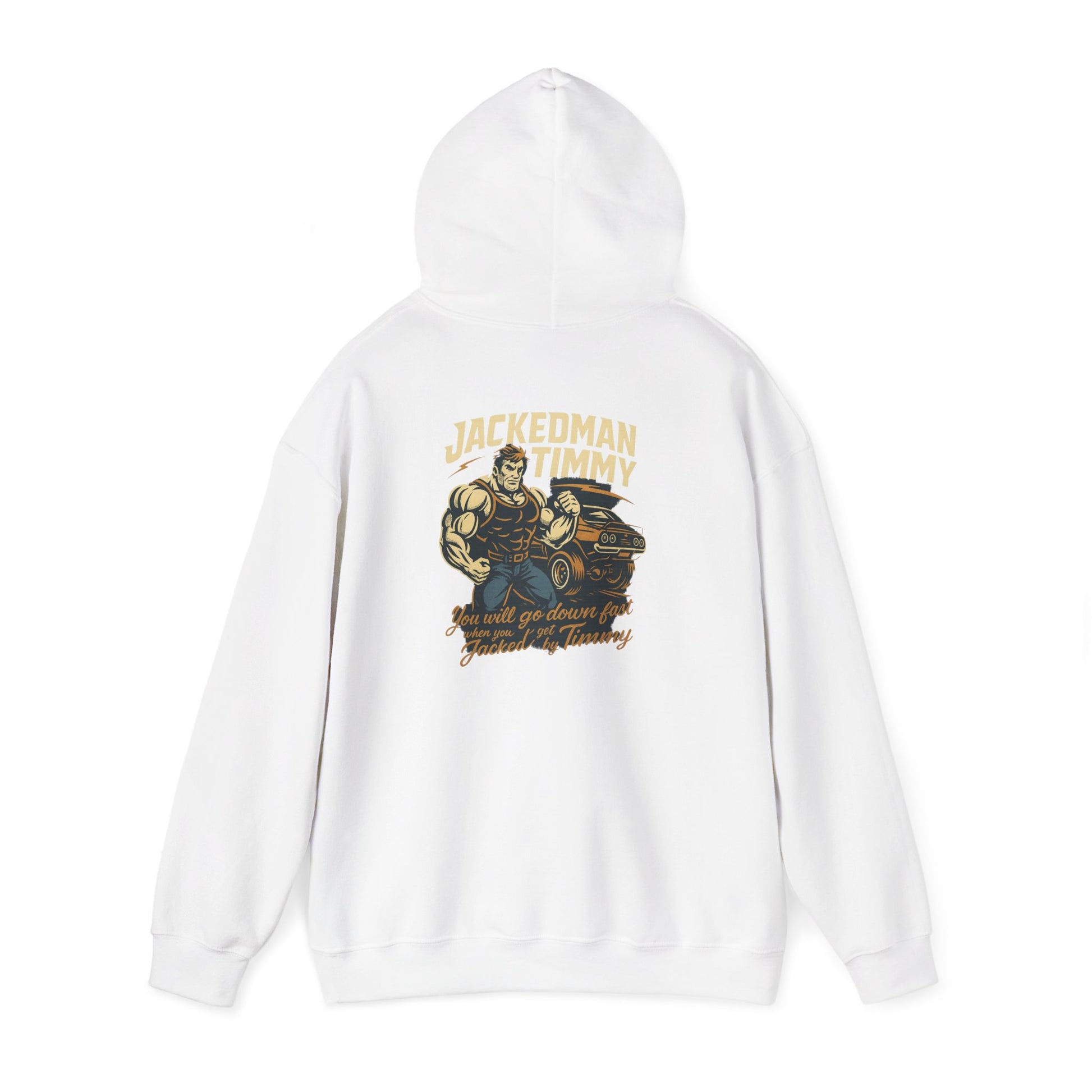 White hoodie with 'JACKEDMAN TIMMY' graphic design on a white background