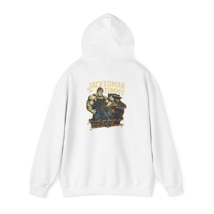 White hoodie with 'JACKEDMAN TIMMY' graphic design on a white background