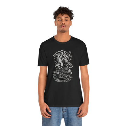 Person wearing a black t-shirt with a graphic design of a cartoon weasel holding a wrench behind a flame-spitting muscle car with “Whistling Weasel Destruction” text on a white background