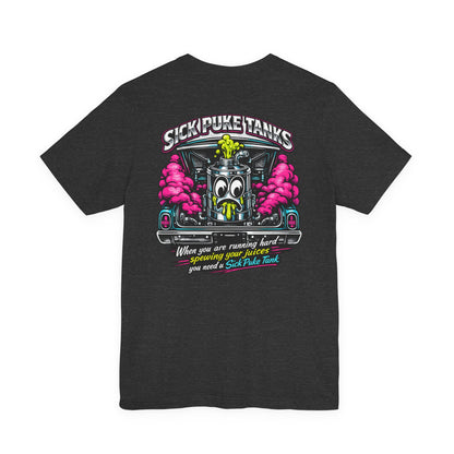 Dark heather gray Bella+Canvas 3001 t-shirt with a colorful graphic design and 'Sick Puke Tanks When you are running hard spewing your juices you need a Sick Puke Tank' text on the back