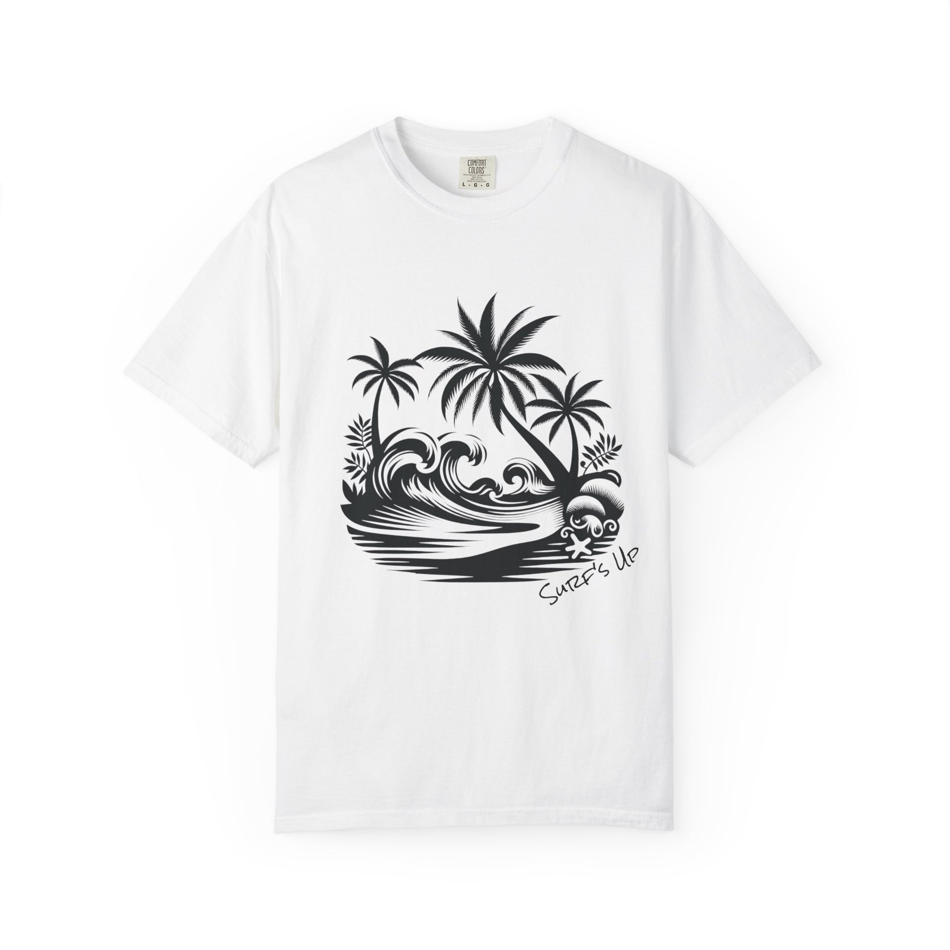 White t-shirt with black palm tree and wave design on a white background