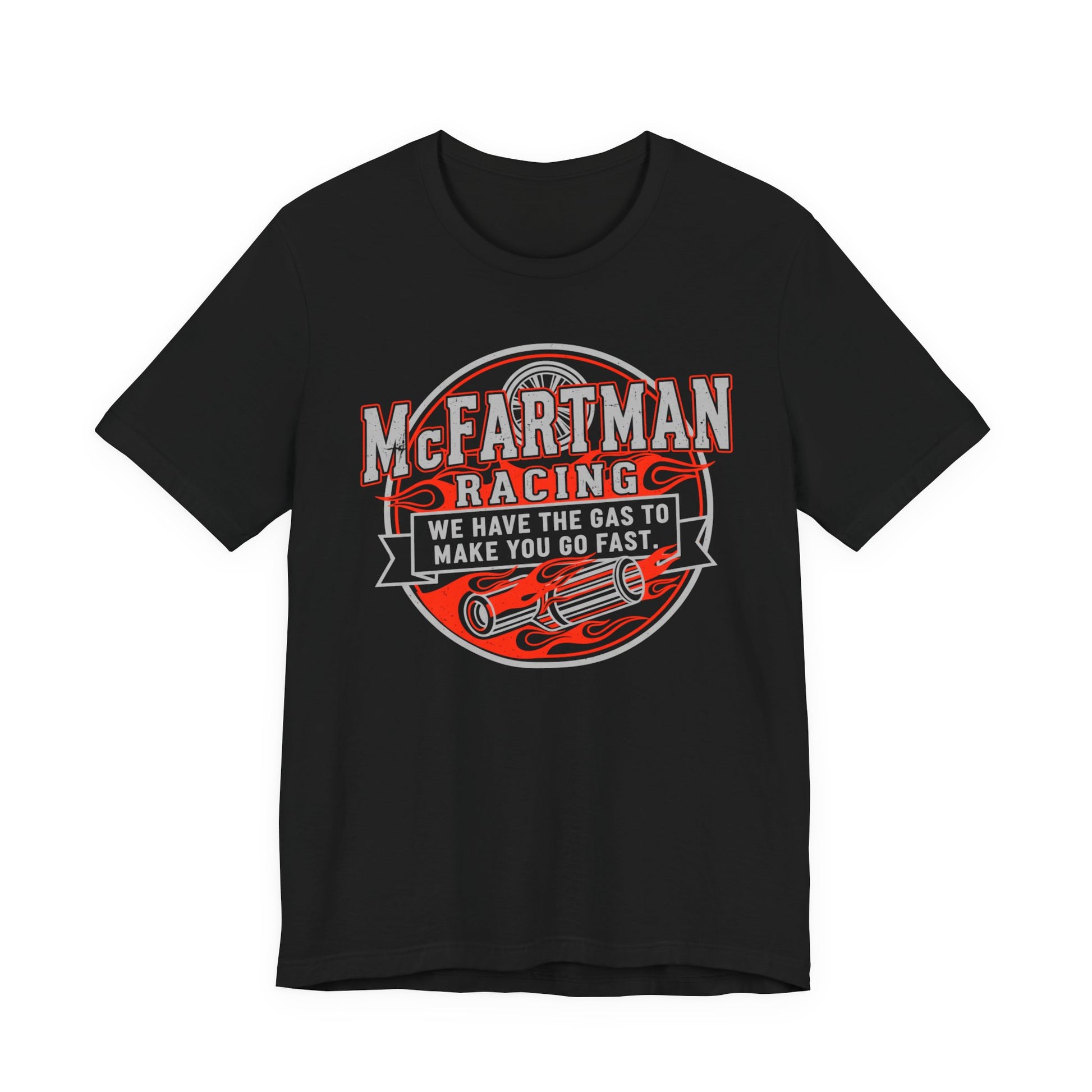 Black t-shirt with 'McFartman Racing' graphic design on a white background